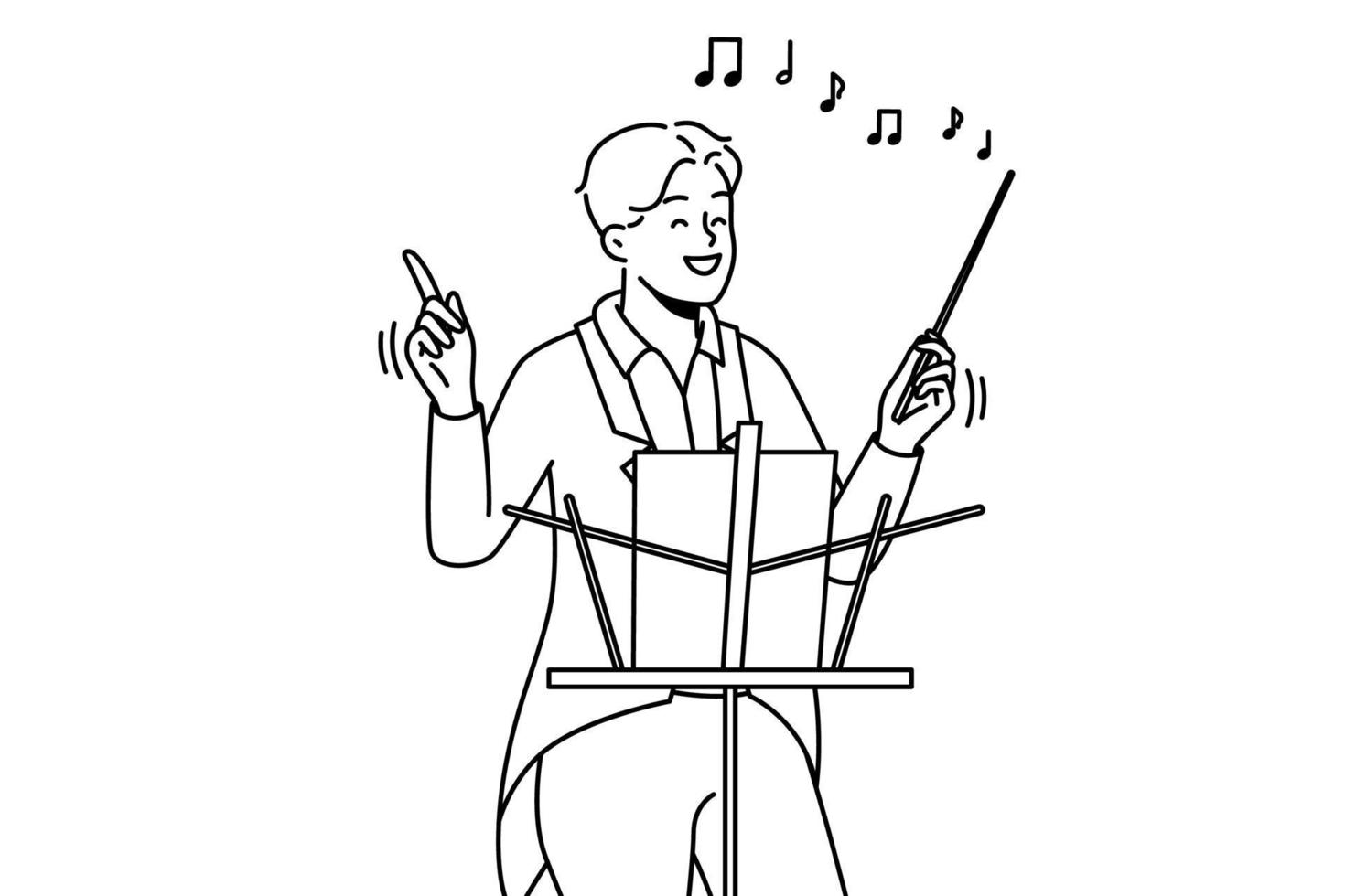 Smiling male conductor in formalwear hold baton working in concert hall
