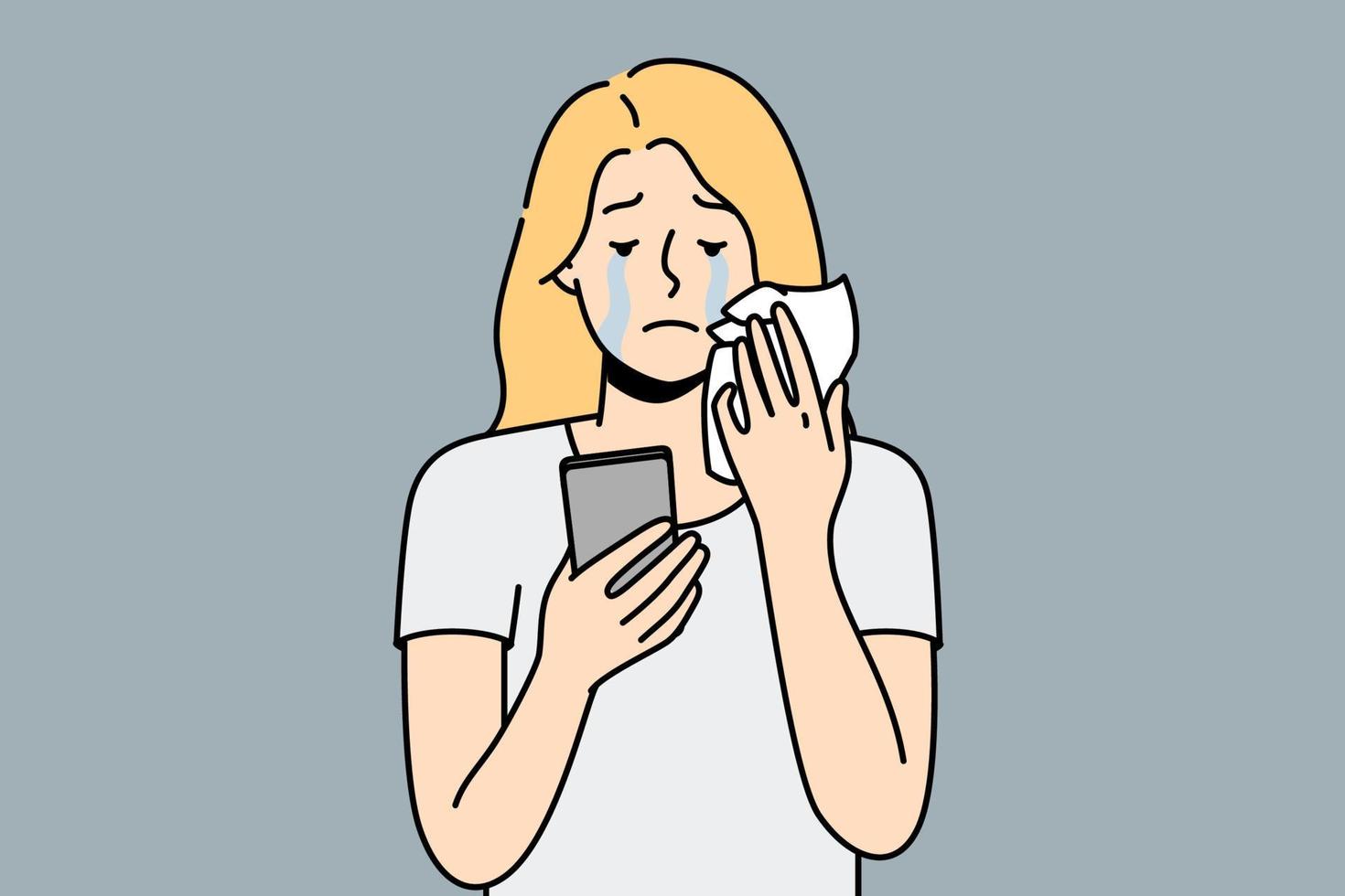 Stressed young woman look at cellphone screen crying. Unhappy girl suffer from bad message or breakup notice on smartphone. Vector illustration.