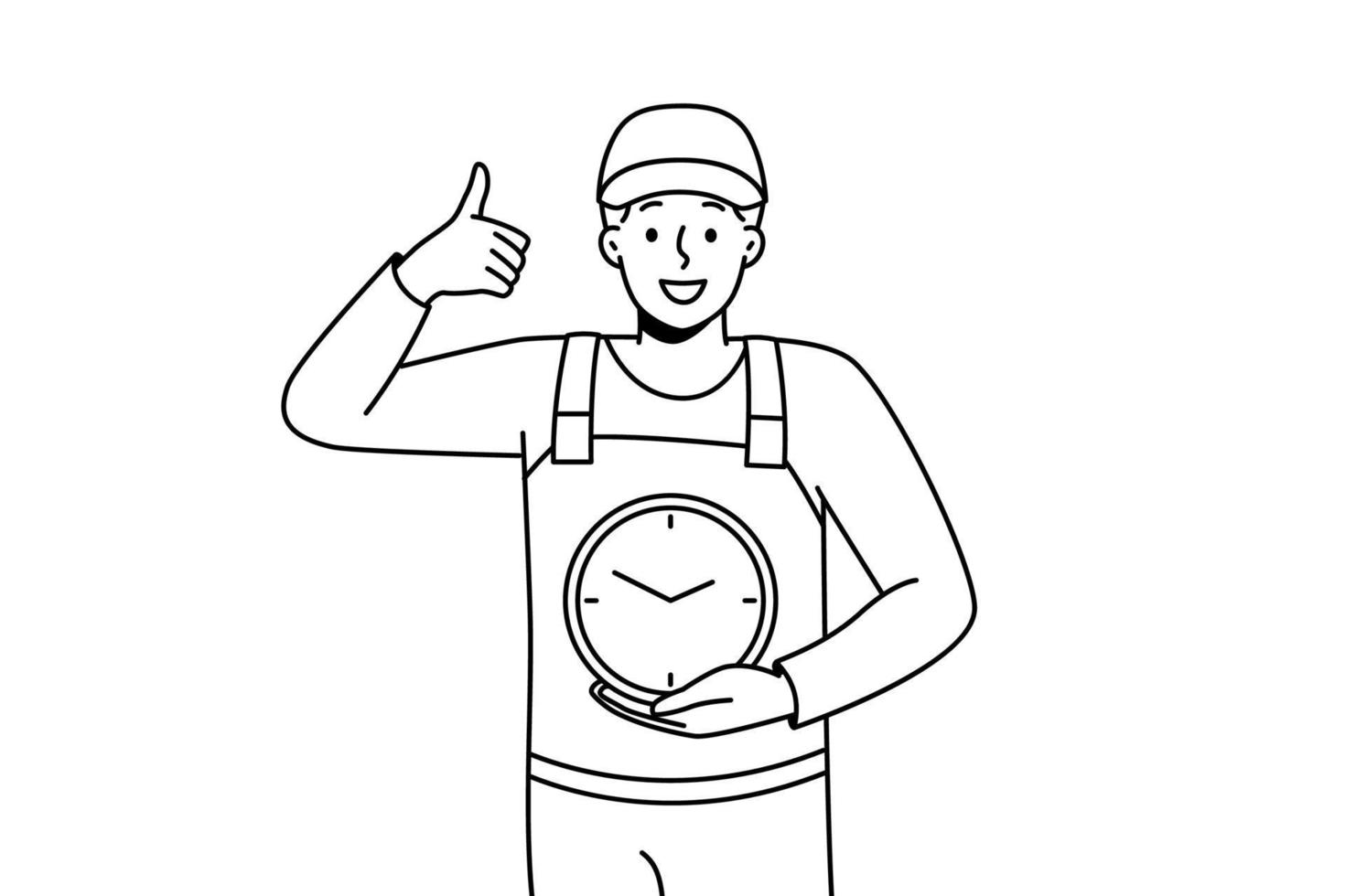 Smiling man in uniform holding clock in hands showing thumb up. Happy male worker with watch care about time management and deadline. Vector illustration.