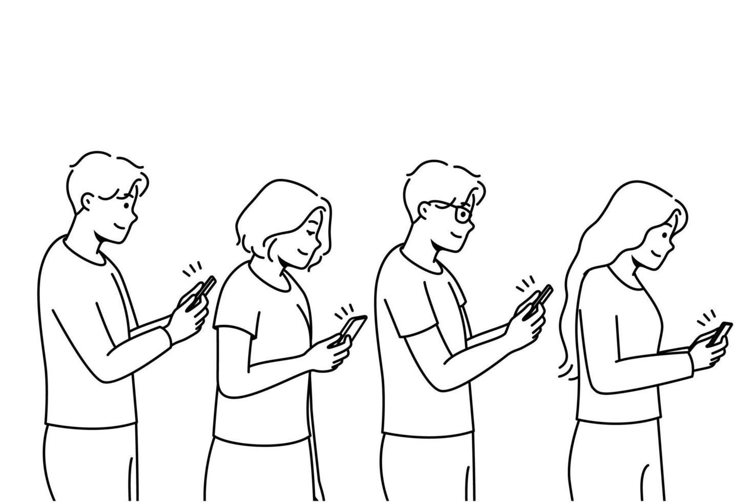 Young people in line with smartphones in hands addicted to gadgets. Men and women with addiction to cellphones. Technology and modern world. Vector illustration.