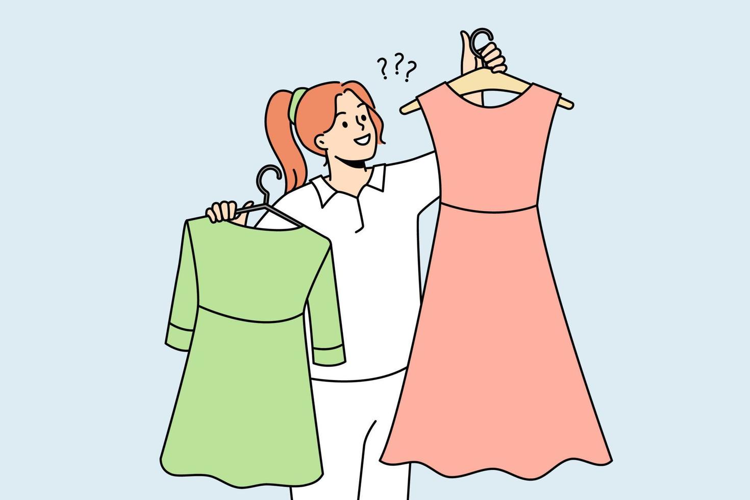 mujer sonriente sosteniendo vestidos en perchas eligiendo prendas en una tienda o centro comercial. chica feliz con ropa comprando nueva colección en la tienda. moda y estilo. ilustración vectorial vector