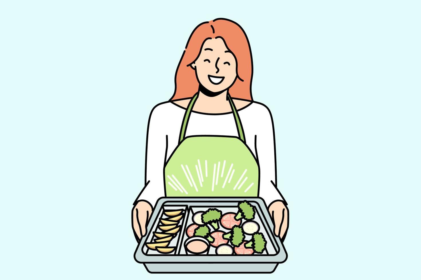 Smiling woman in apron holding tray with delicious food baking. Happy housewife cooking meal at home. Diet and nutrition. Vector illustration.