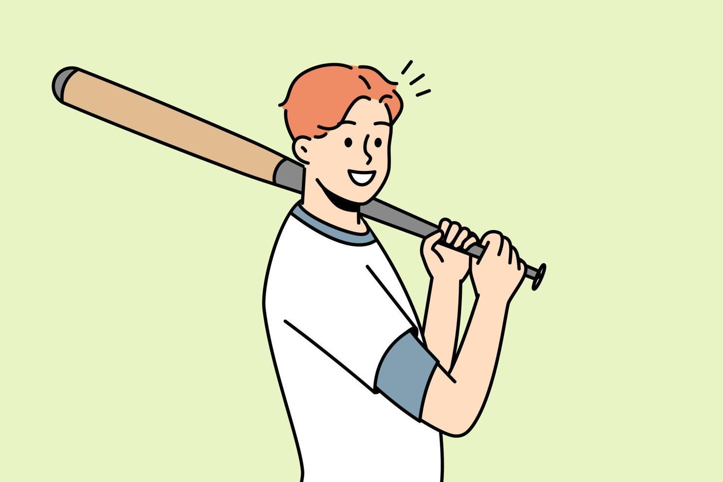 sonriente joven deportista masculino con bate de béisbol jugando en el campo. atleta feliz en uniforme. ilustración vectorial vector