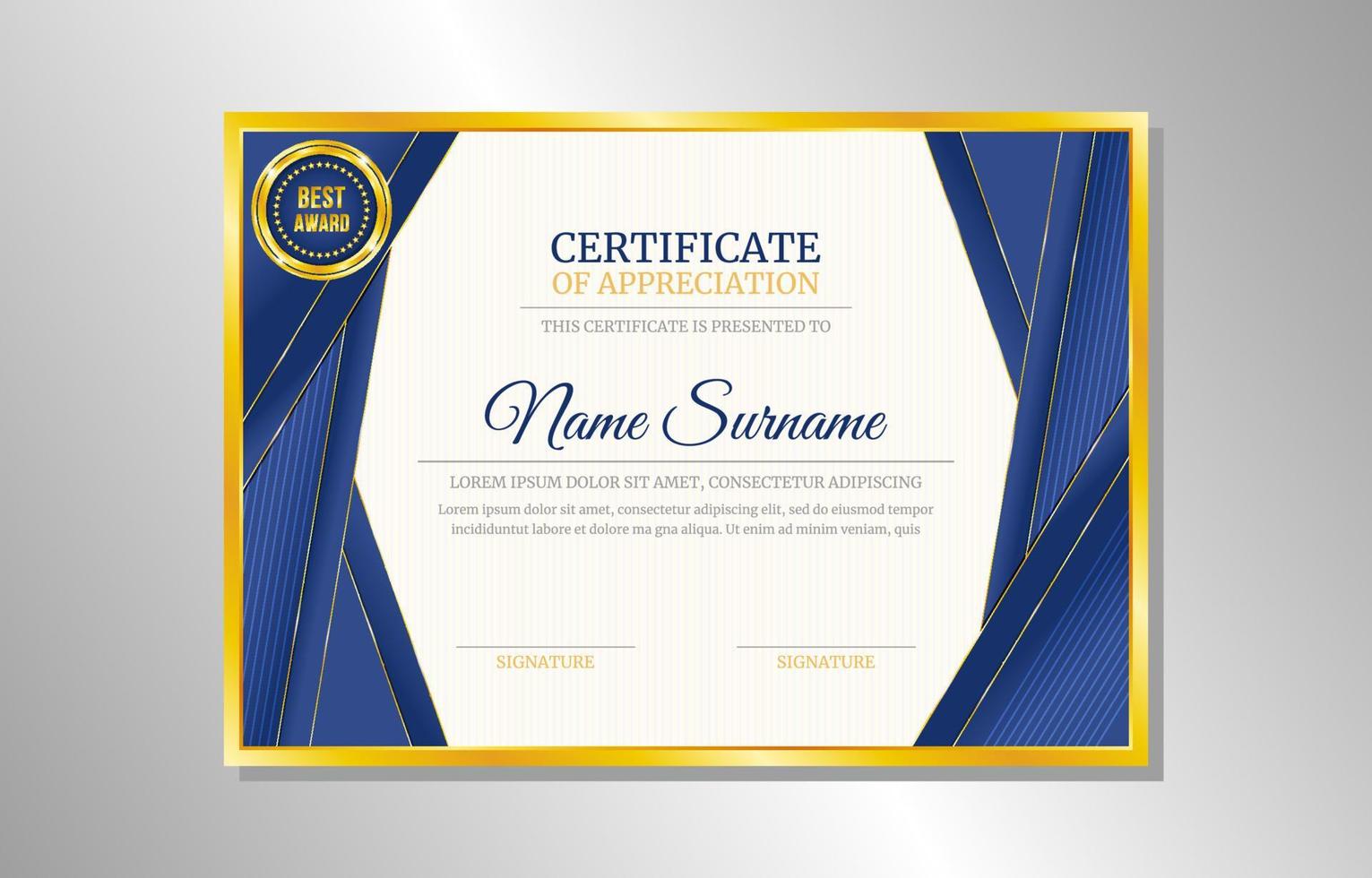 plantilla de diseño de certificado profesional de oro azul vector