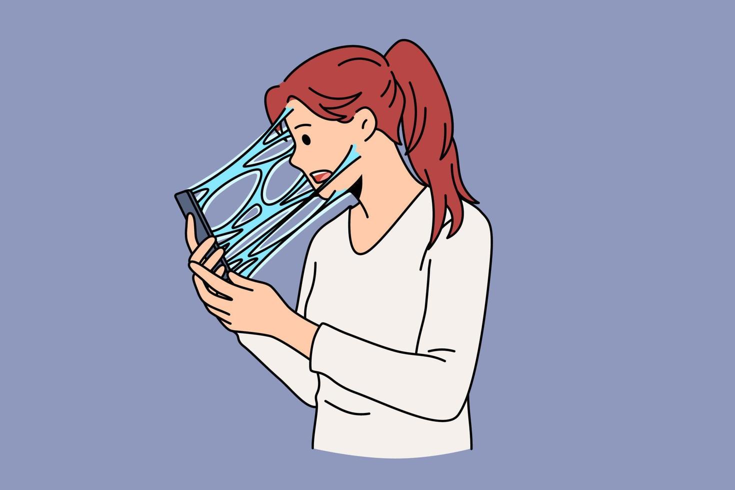 adicción al concepto de internet y teléfono. joven personaje de dibujos animados de mujer estresada de pie sintiéndose conectado al teléfono de pantalla con ilustración de vector líquido