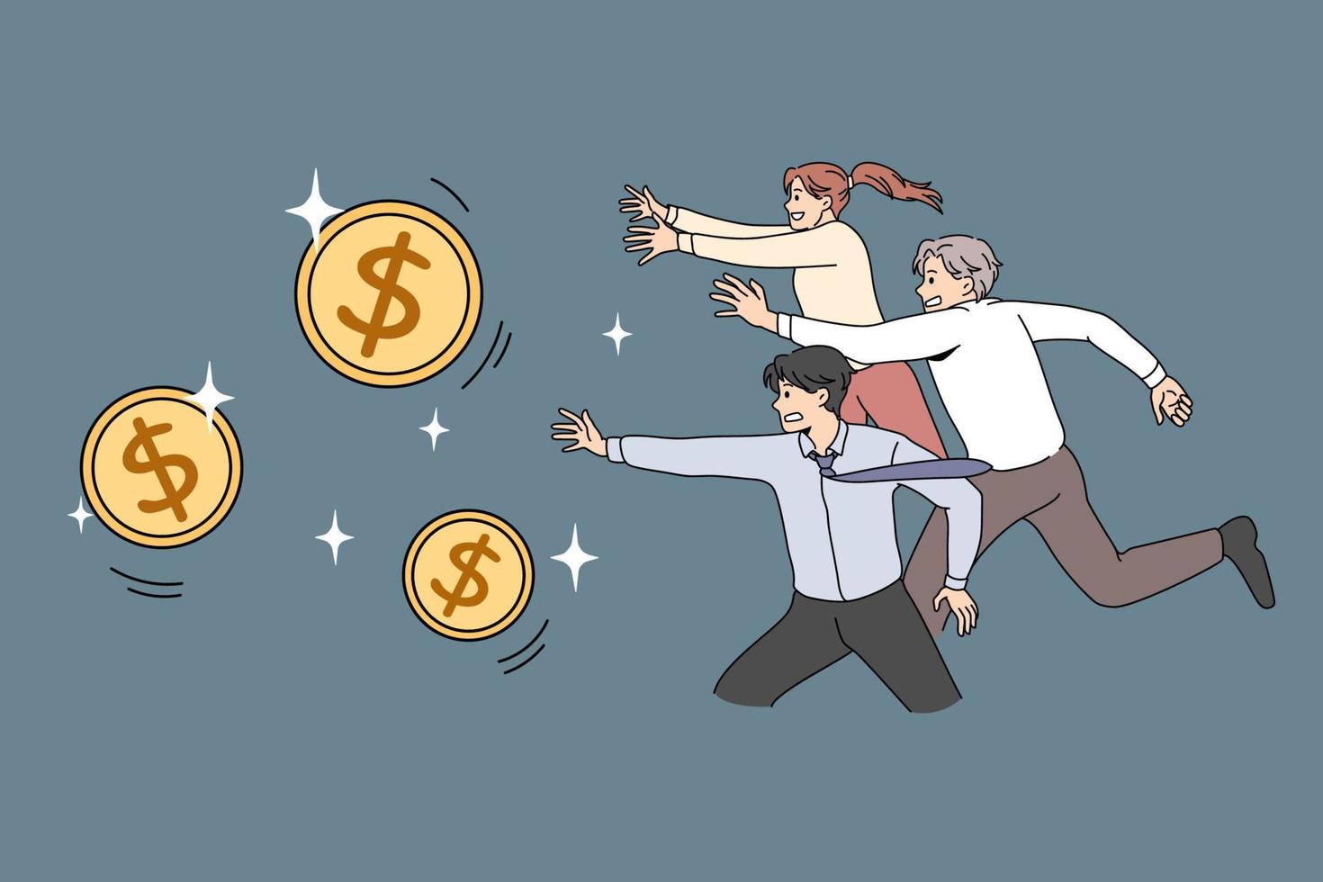 Human money competition concept. Greed for wealthy life. Vector illustration of running people for golden dollar coins.