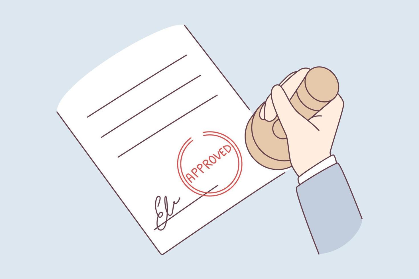 Verification and approval of official document concept. Human hand holding official stamp over approved document with signature vector illustration
