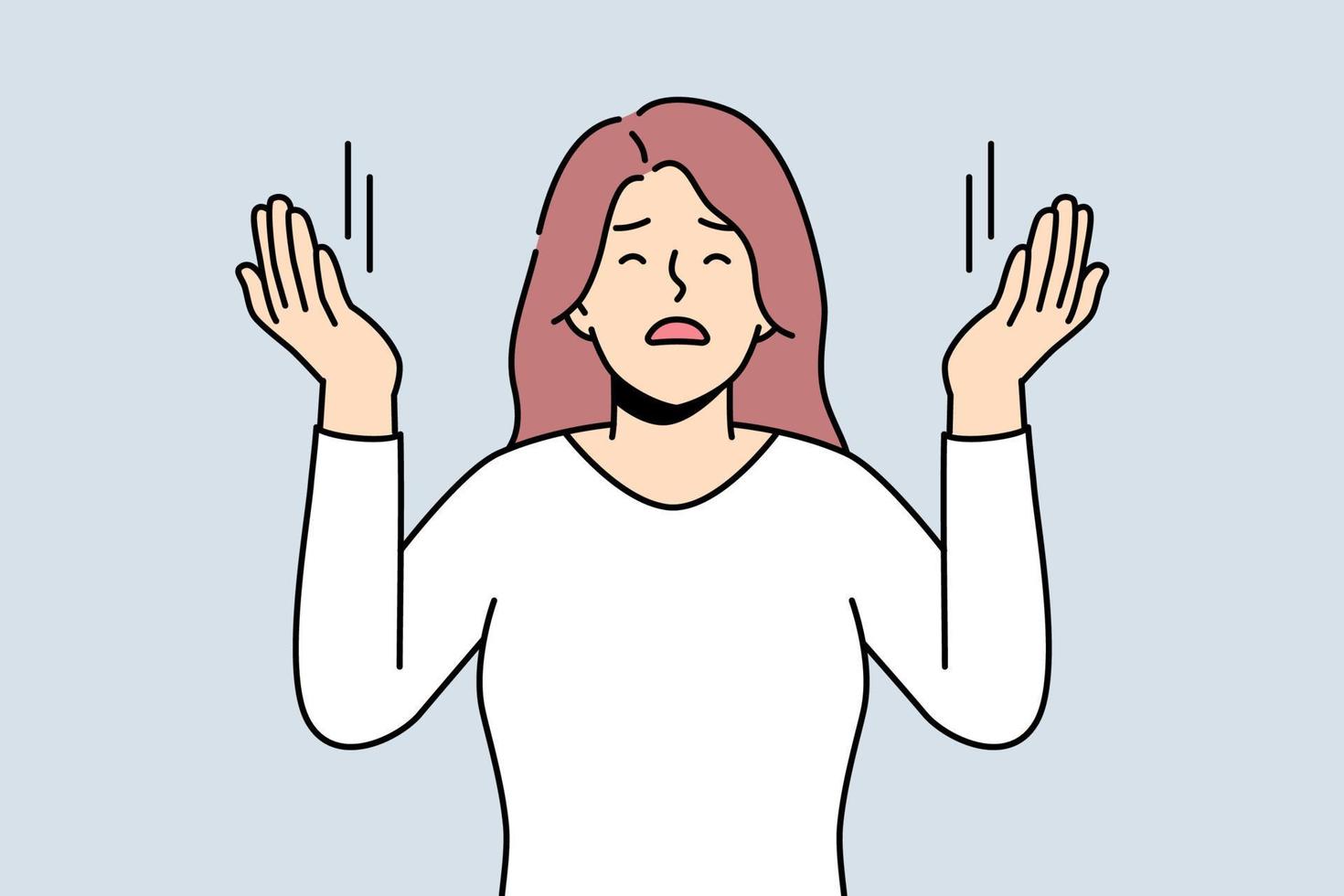 Young woman with hands raised up praying. Religious spiritual female ask for forgiveness. Faith and religion. Vector illustration.