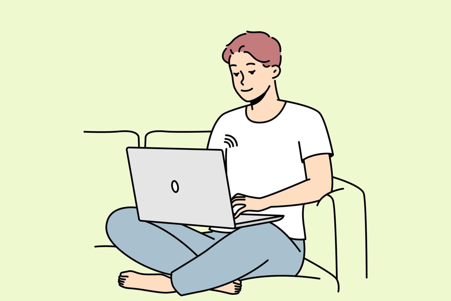 Smiling guy sit on couch working on laptop using wireless network. Happy young man relax on sofa browse internet on computer. Vector illustration.