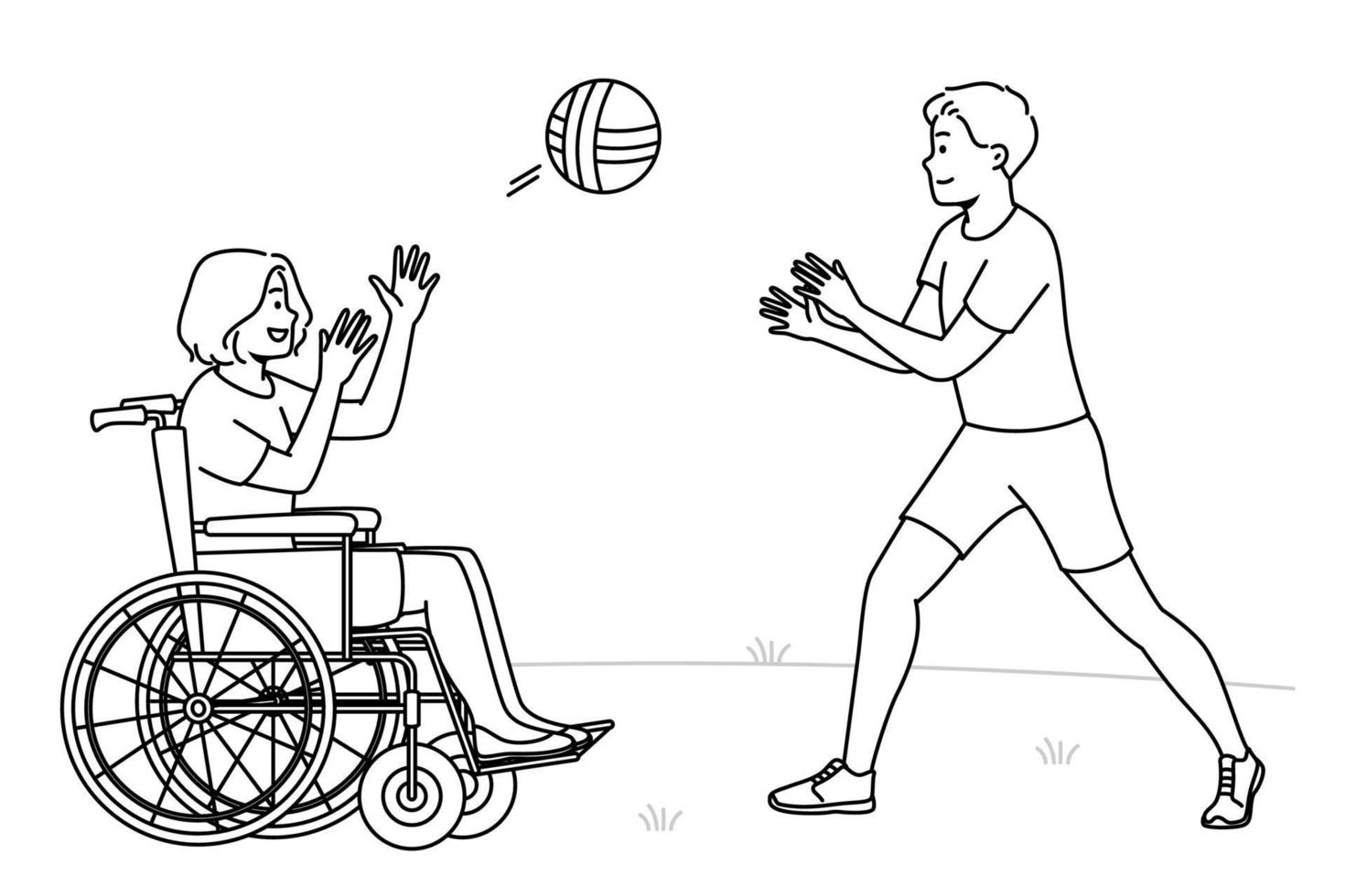 Happy boy playing ball with handicapped girl sitting in wheel chair. Smiling children have fun outdoors. Disability and impairment. Vector illustration.