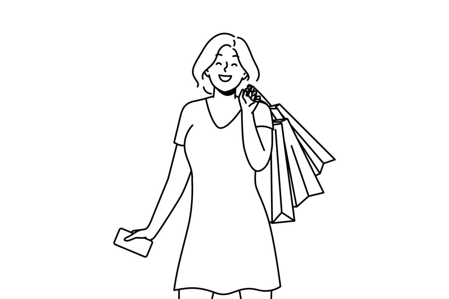 Happy young woman with bags excited with shopping in mall or store. Smiling girl overjoyed with purchases. Consumerism concept. Vector illustration.