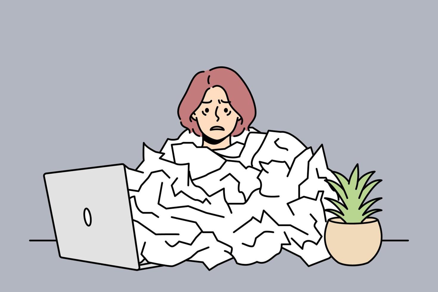 Tired female employee under paper pile overwhelmed with work in office. Exhausted woman overworked at workplace. Burnout and fatigue. Vector illustration.