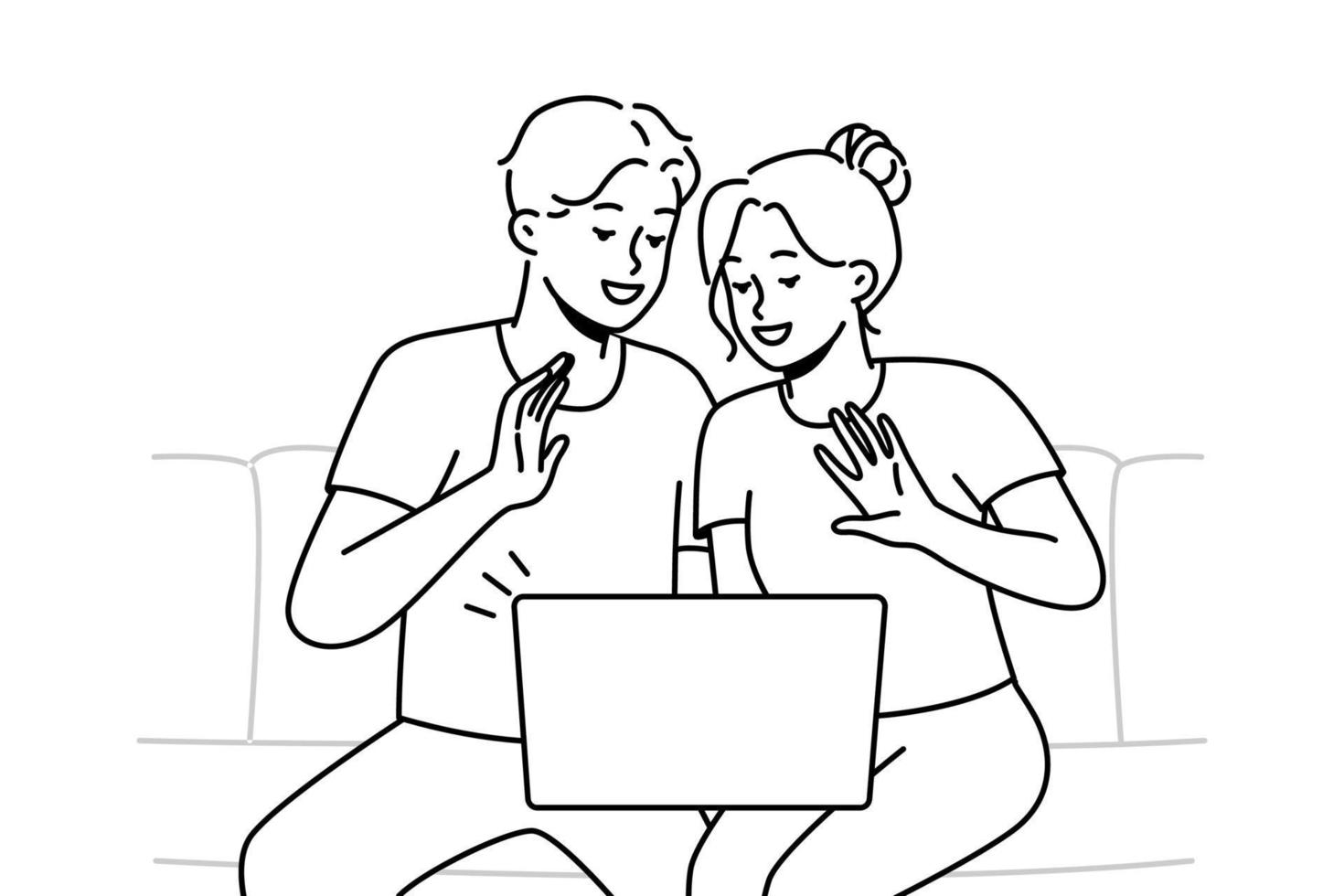 Smiling couple sit on sofa wave talk on video call on computer. Happy man and women have fun enjoy webcam conversation on laptop. Vector illustration.