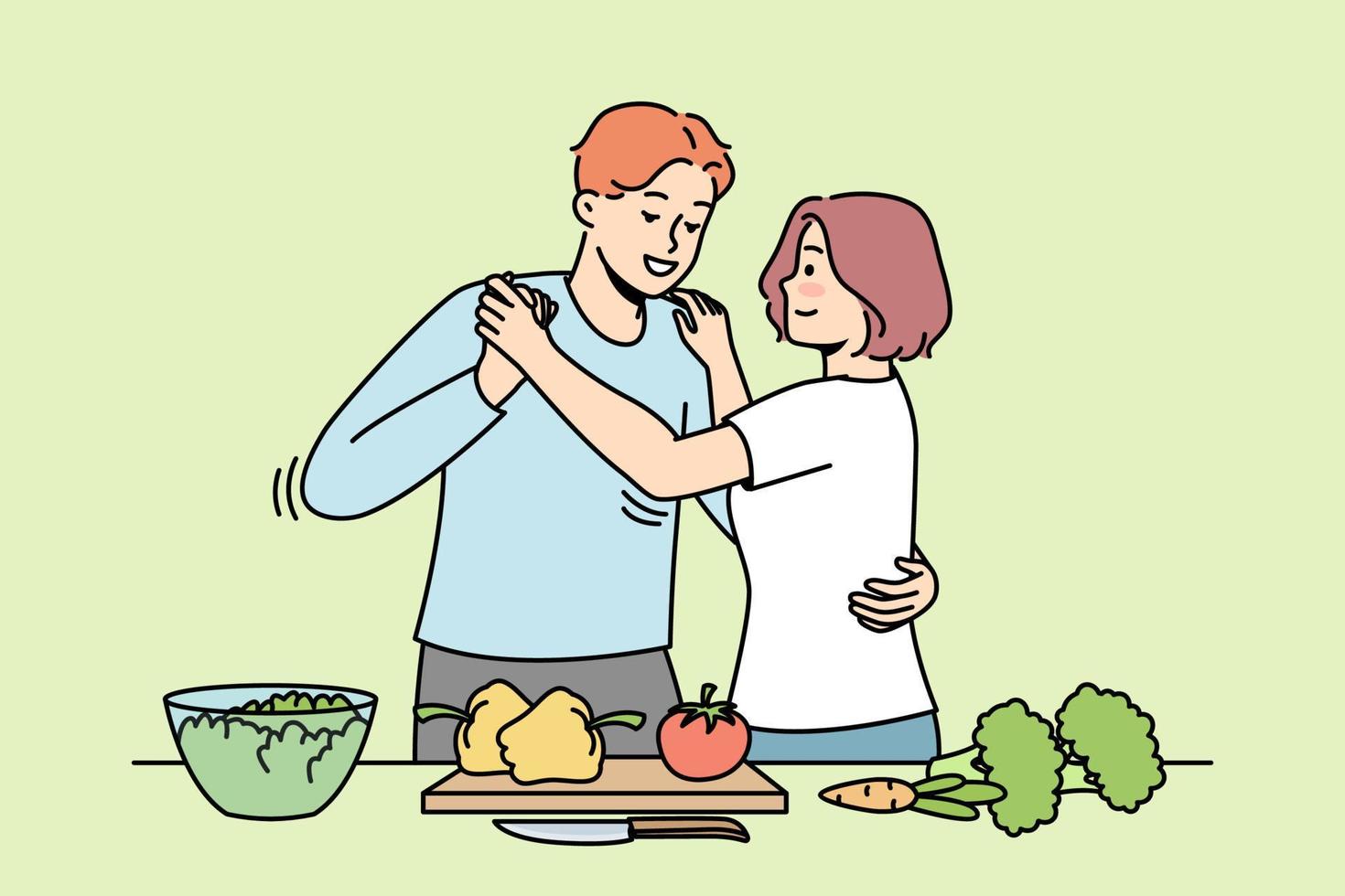 Happy couple cooking in kitchen dancing together. Smiling man and woman enjoy food preparation on weekend. Vector illustration.