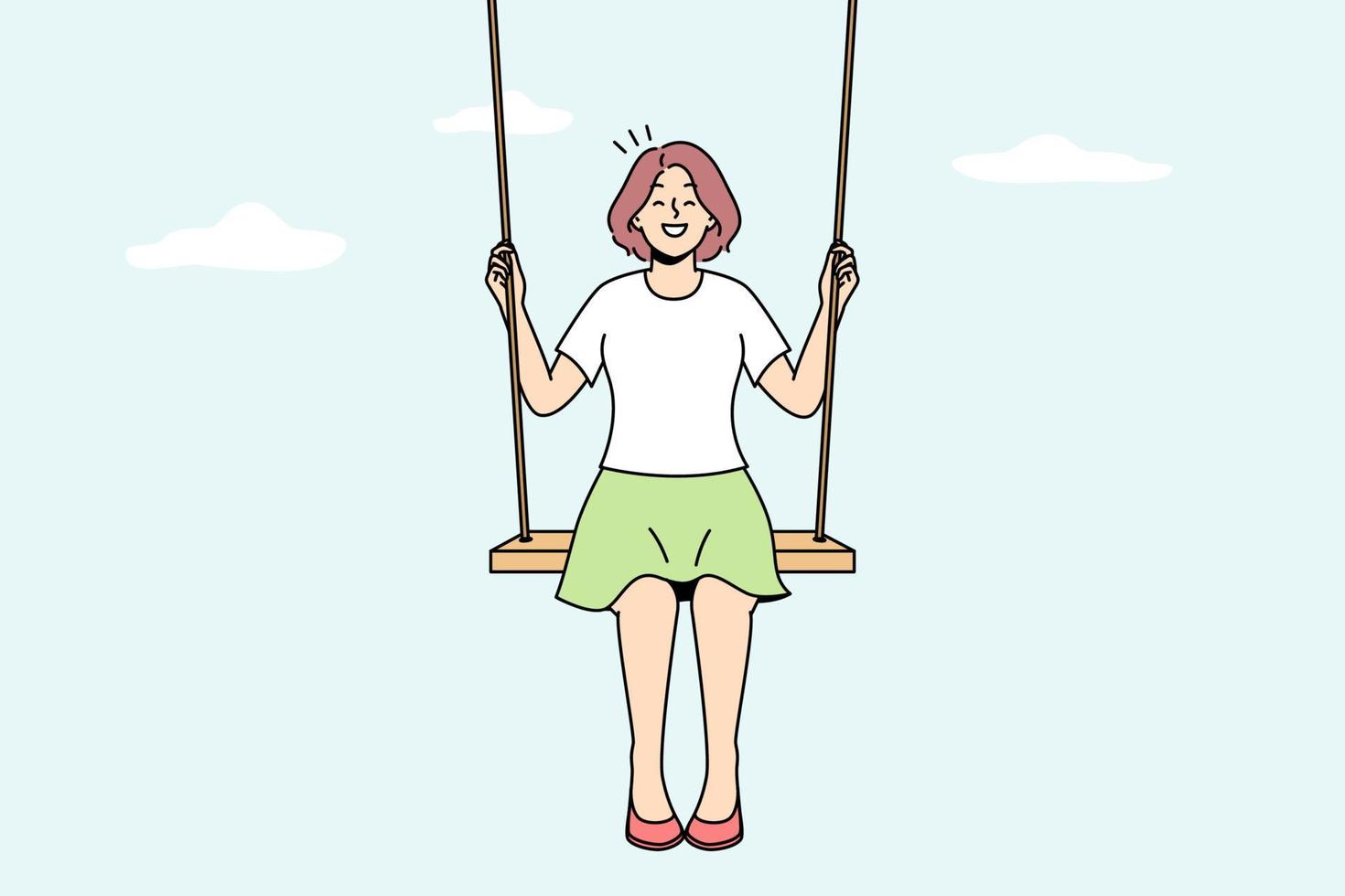 Smiling young woman sit on swing in clouds dreaming. Happy girl swaying on tilt in sky. Dreamer and visualization. Vector illustration.