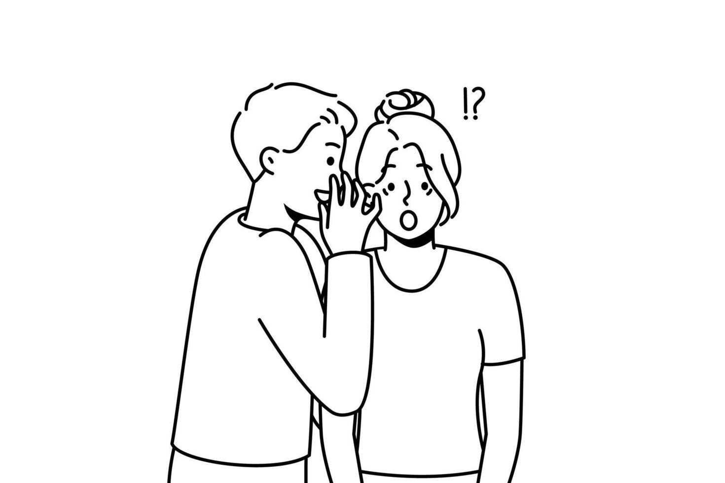 Young man whisper secret to stunned woman ear. Male tell secret hidden information to astonished female. Secrecy and gossip. Vector illustration.