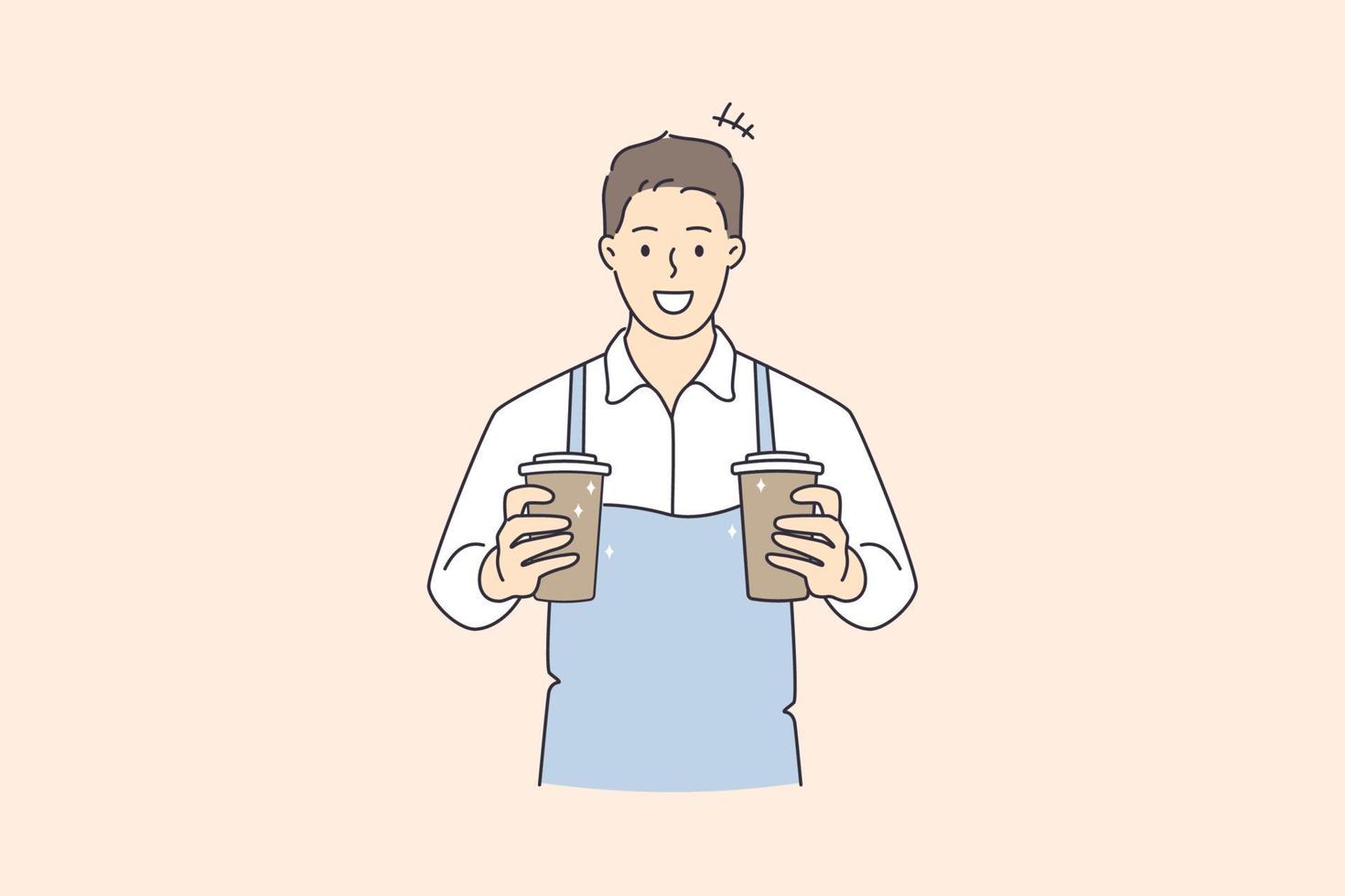 Working as barista in cafeteria concept. Young smiling man barista cartoon character wearing apron standing holding cups with coffee drink vector illustration