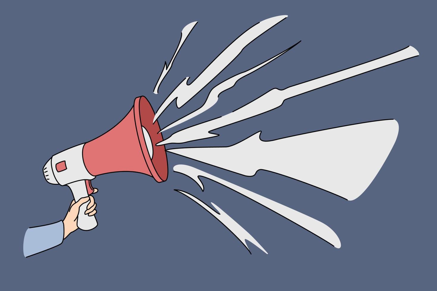 Hand with speaking loudly megaphone. Vector concept illustration of advertisement promotional marketing speaker.