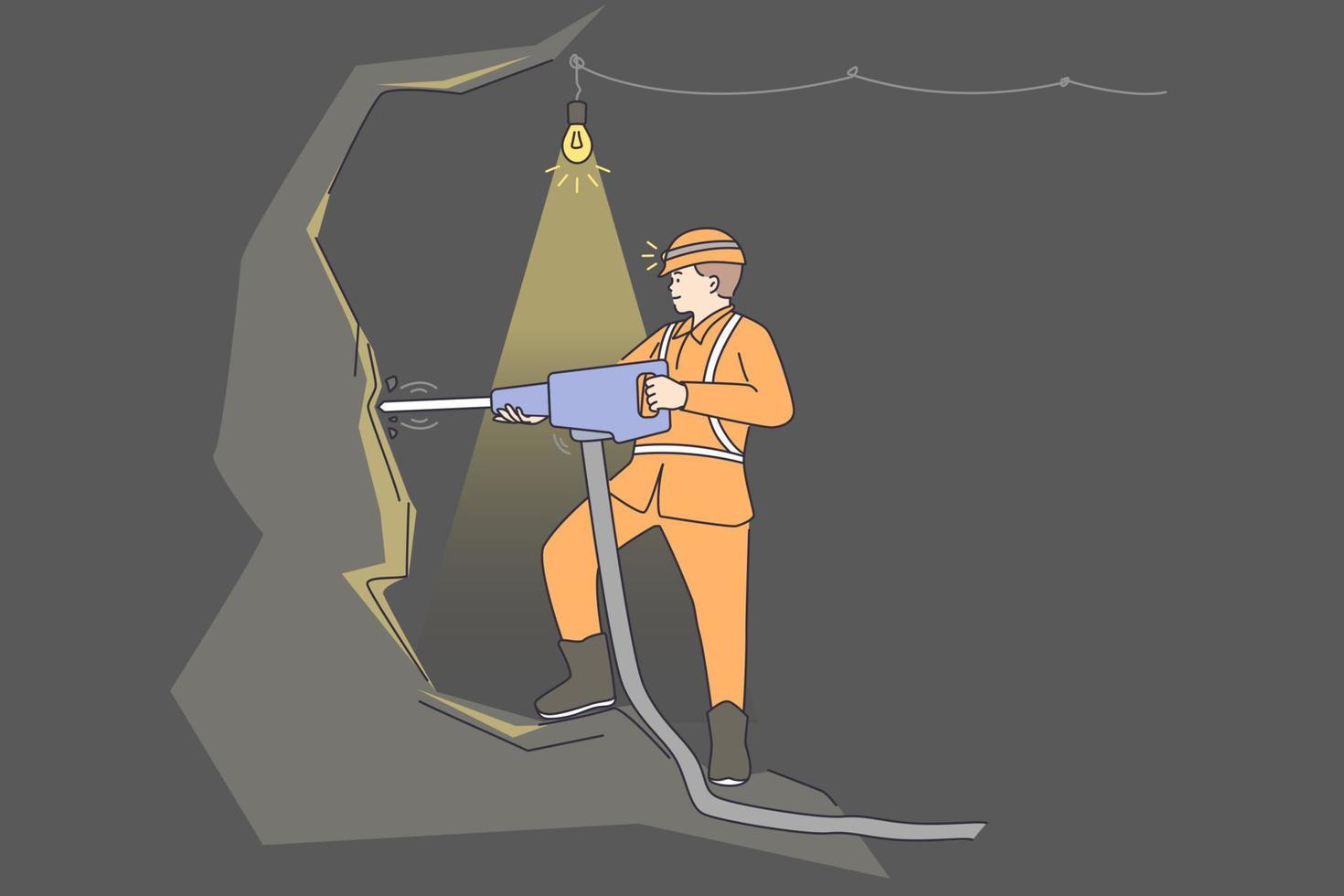 Working as minor in mine concept. Young positive man miner wearing uniform and helmet standing with tool and drilling rock vector illustration