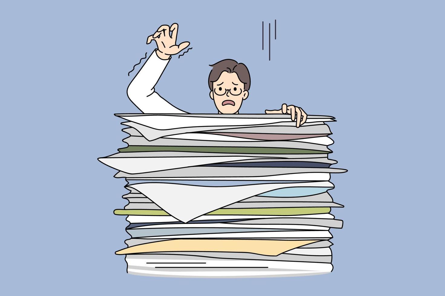 Learning boy behind huge stack of exam books. Vector concept illustration of exhausted student preparing for exams and falling of books pile.