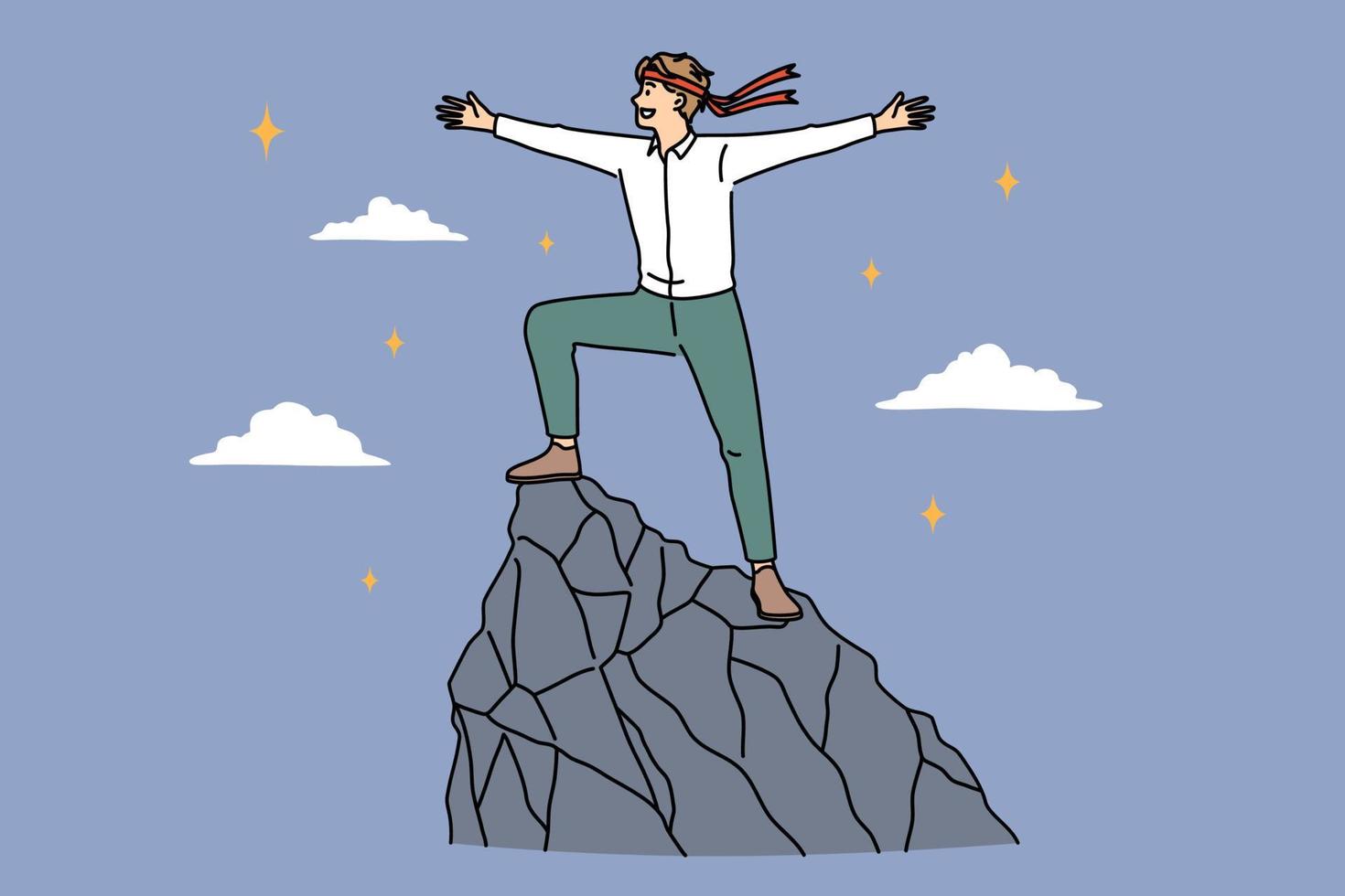 Business success, development and achievement concept. Young smiling businessman cartoon character standing on top of mountain feeling confident freedom vector illustration