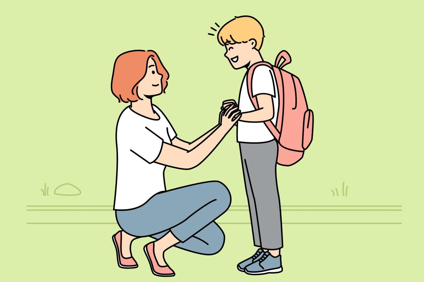 Smiling mother seeing small teen son with backpack to school. Happy caring mom get off excited boy child to kindergarten. Vector illustration.