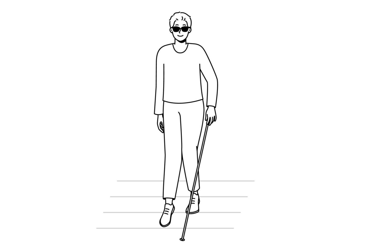 Blind man with stick walking on crosswalk. Disabled male in dark sunglasses crossing road. Disability and healthcare. Vector illustration.