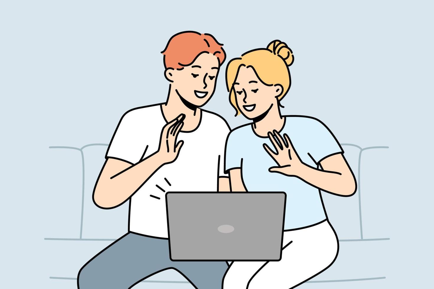 Smiling couple sit on sofa wave talk on video call on computer. Happy man and women have fun enjoy webcam conversation on laptop. Vector illustration.