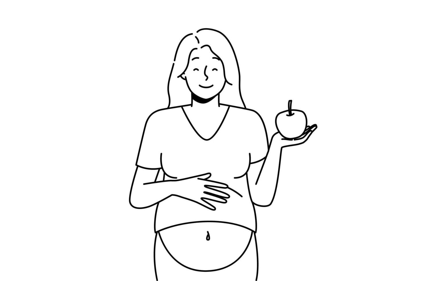 Smiling pregnant woman with apple. Vector Smiling young pregnant woman holding apple recommend healthy diet. Happy female follow pregnancy nutrition eat fruits. Vector illustration.