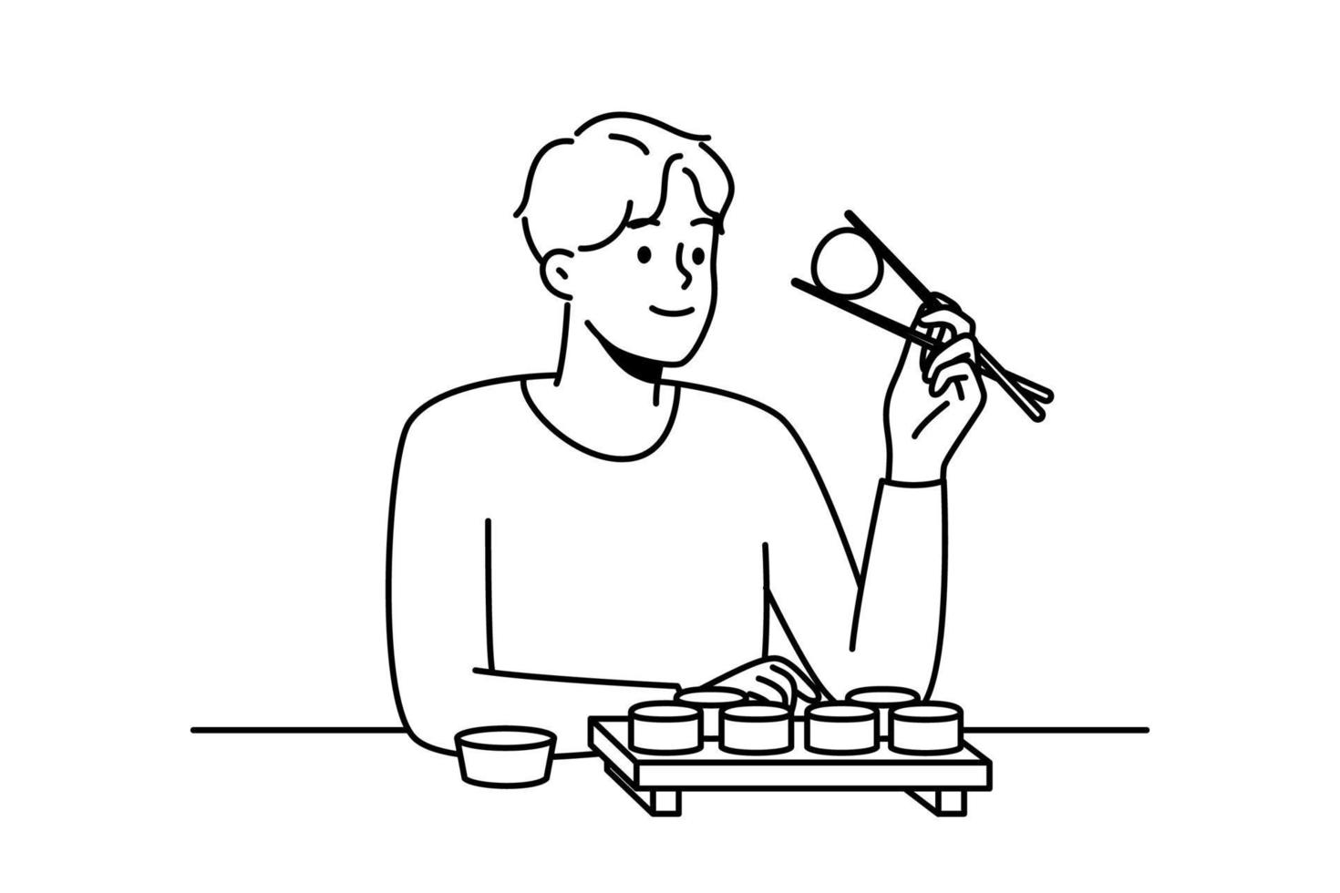 Smiling man sit at table in restaurant eating sushi with chopsticks. Happy guy enjoy traditional Asian food in cafe or bar. Vector illustration.