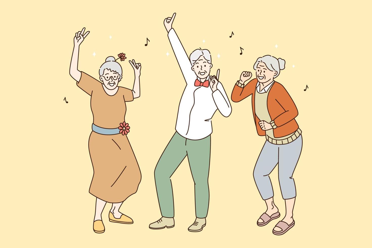 concepto de estilo de vida activo de personas mayores maduras. grupo de felices viejos hombres y mujeres de pelo gris bailando divirtiéndose disfrutando del tiempo juntos ilustración vectorial vector