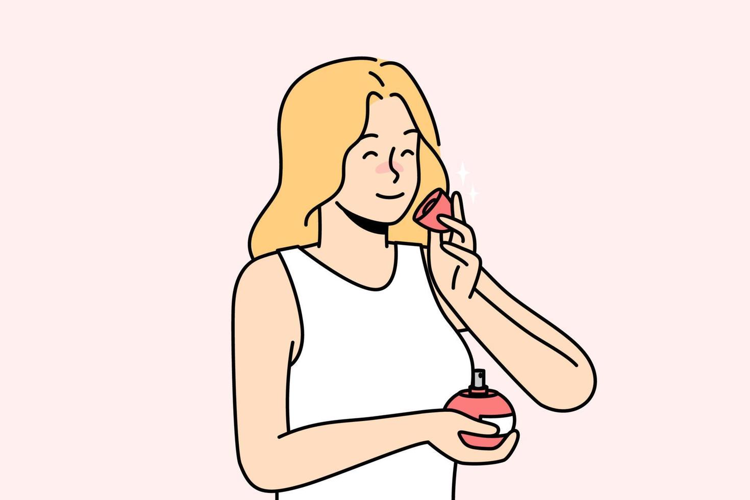 mujer joven sonriente oliendo perfume. chica feliz con botella disfruta de buen olor. concepto de aromaterapia y belleza. ilustración vectorial vector