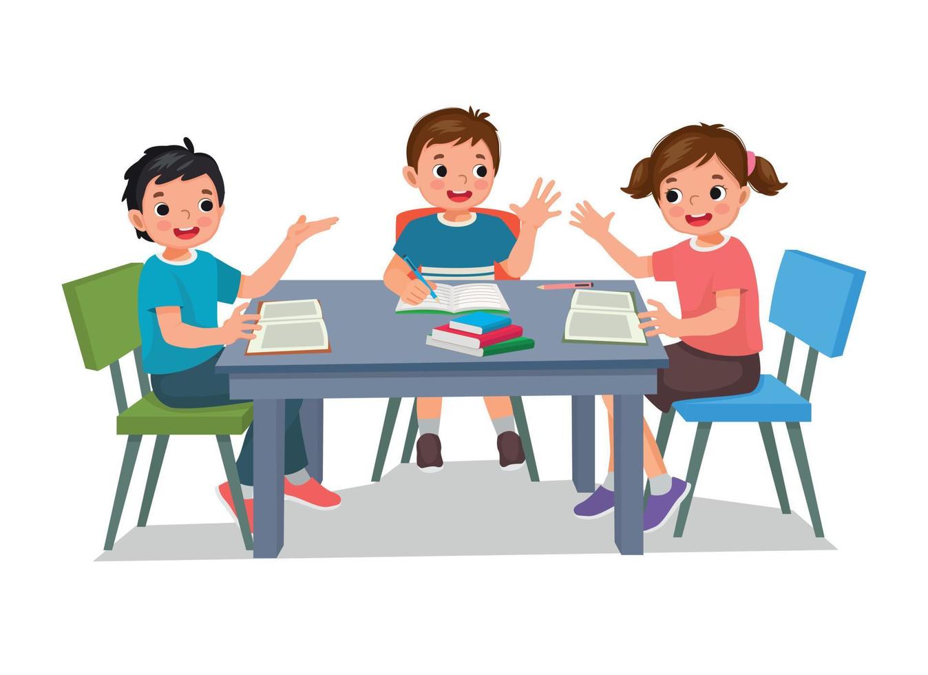 Group of elementary students kids studying together doing homework, reading, and discussing school projects around the table vector