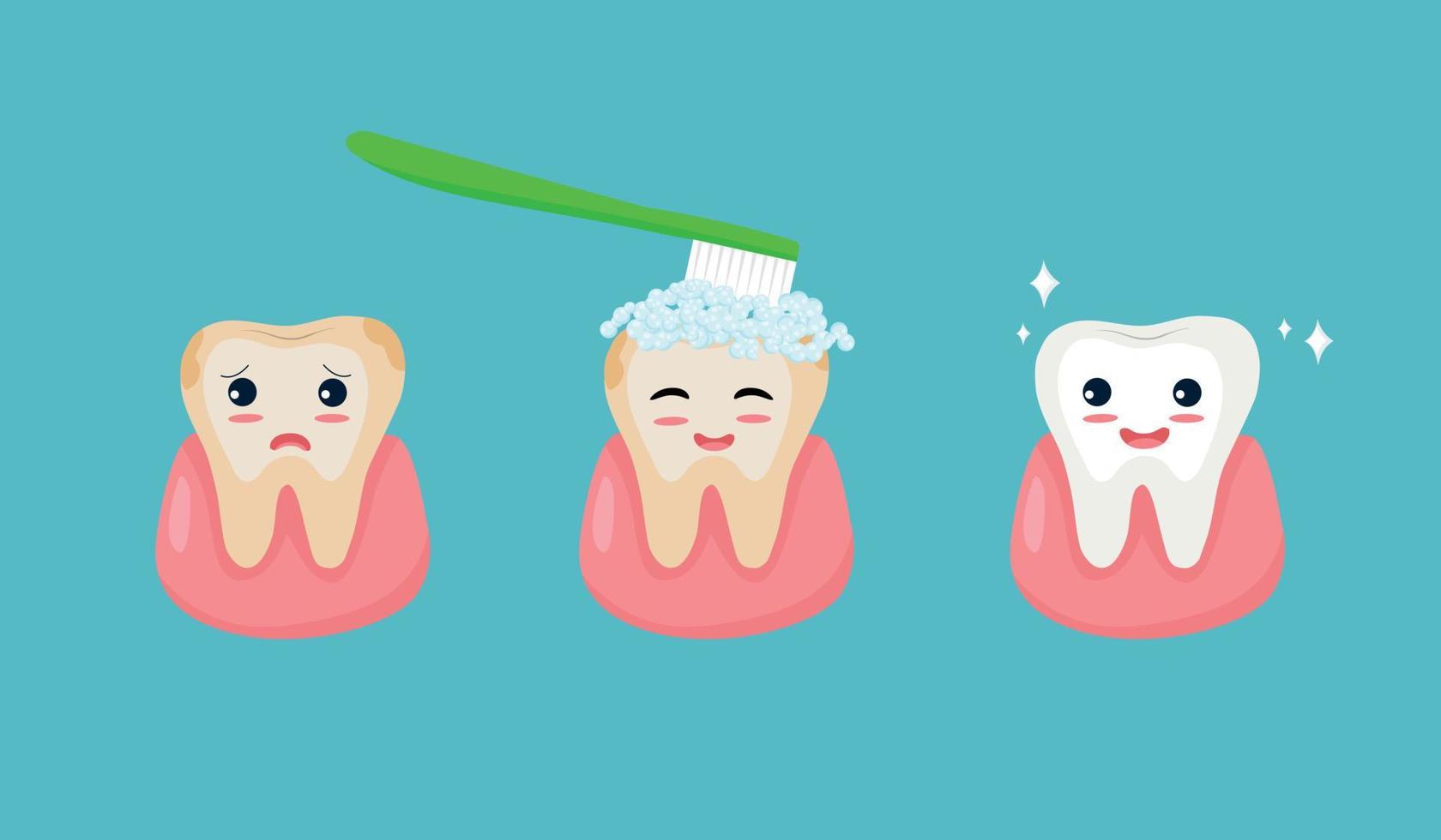 lindo personaje de diente que muestra las etapas de limpieza de dientes manchados para la higiene del diente blanco limpio vector