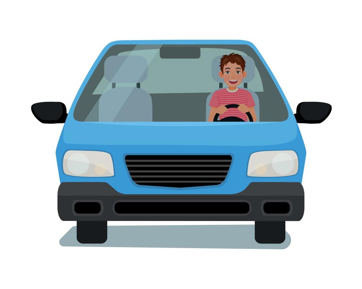 feliz joven conduciendo un coche vista frontal diseño de ilustración de dibujos animados vector