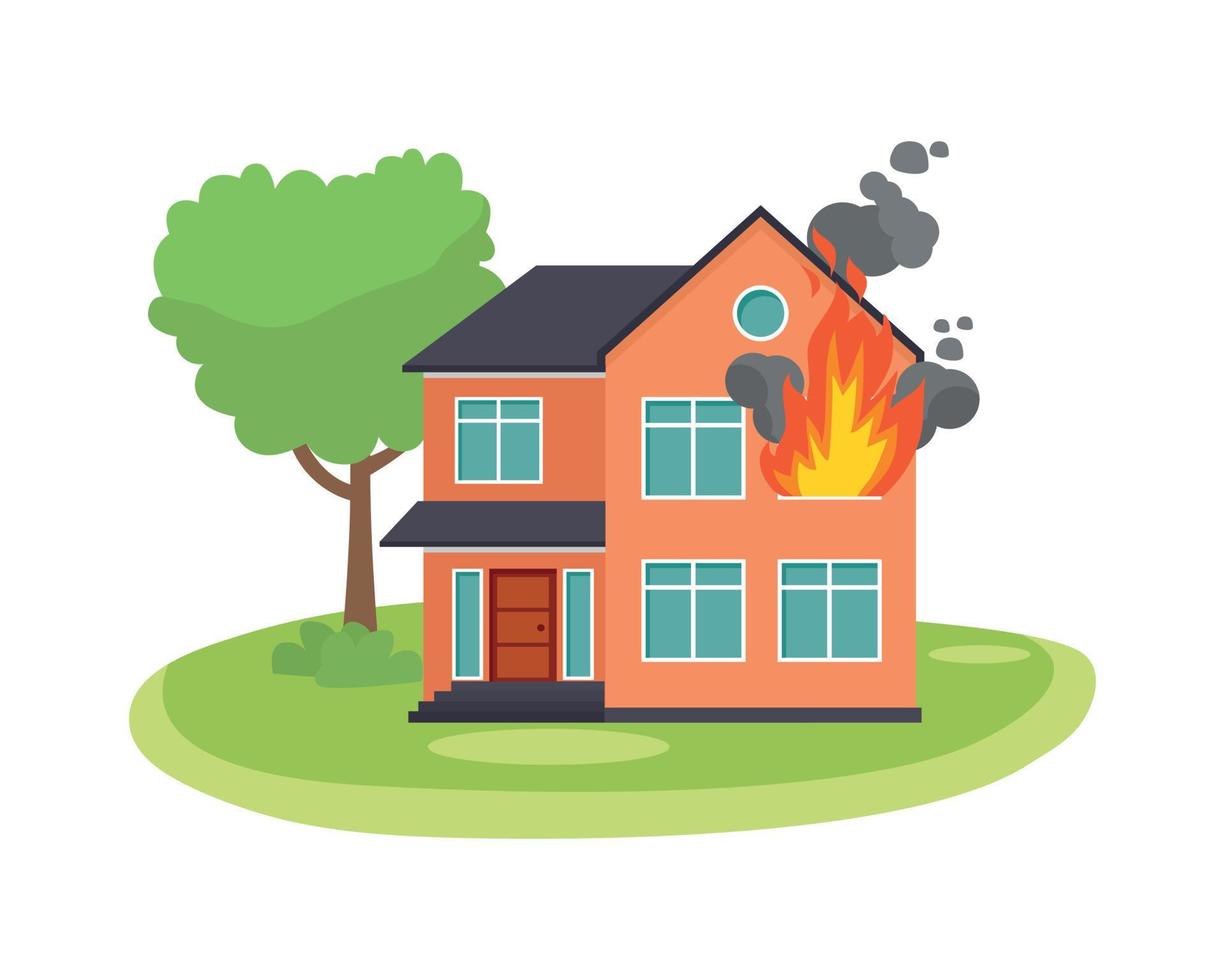 House on fire with flame and smoke come out from window vector