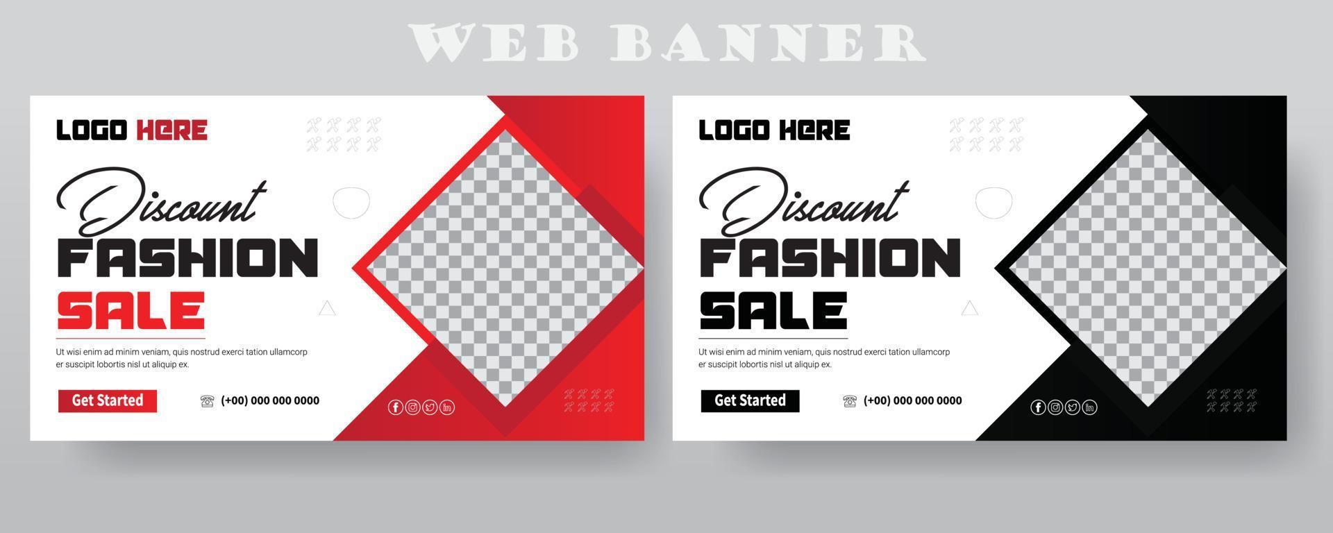 diseño de plantilla de banner web de venta de moda con descuento, plantilla de banner de anuncio web de línea de tiempo de página de portada de facebook de venta flash con diseño moderno de lugar de foto, banner web para venta de productos, plantilla de banner de mega venta. vector