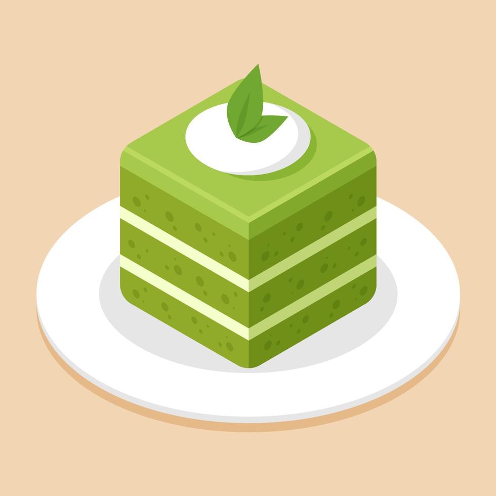 Slice of matcha cake or green tea cake in cube shape on dish or plate. Delicious sweet dessert concept. Isometric food icon. Cute cartoon vector illustration element. Symbol of sweets. Cafe menu.