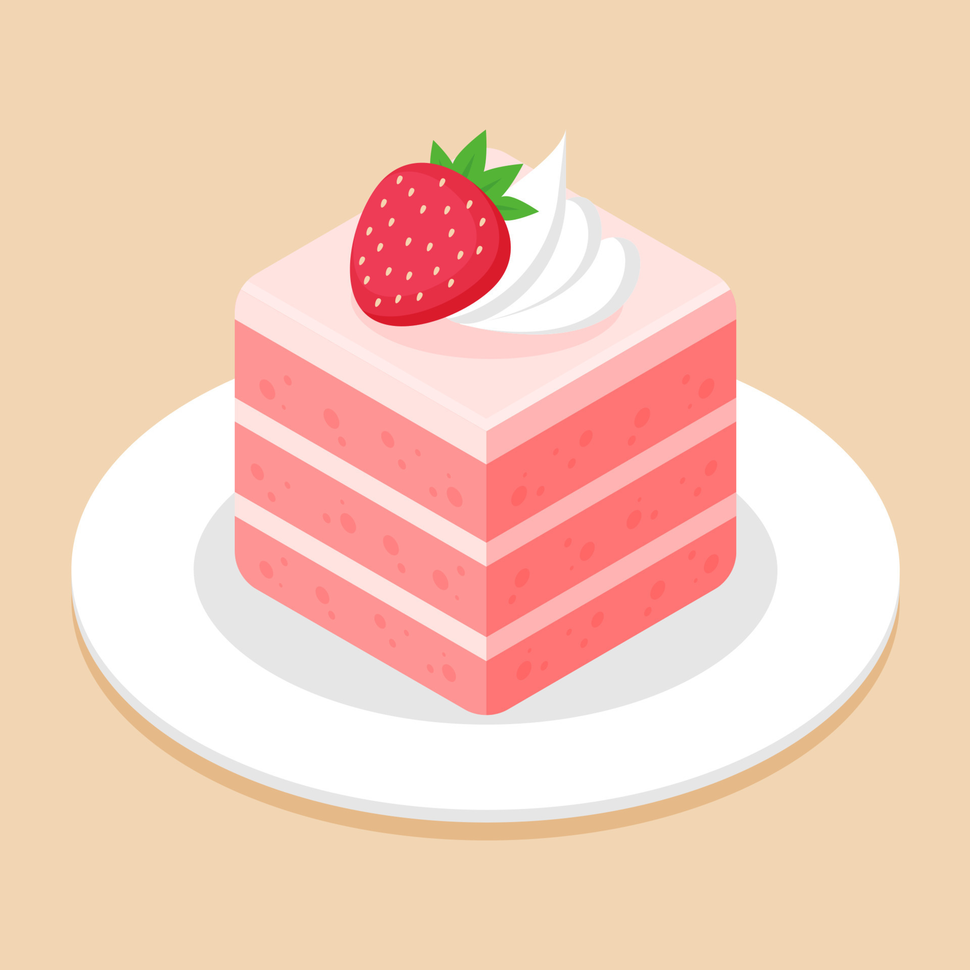 Slice of strawberry cake in cube shape on dish or plate. Delicious sweet  dessert concept. Isometric food icon. Cute cartoon vector illustration.  Graphic design element. Symbol of sweets. Cafe menu. 13708086 Vector