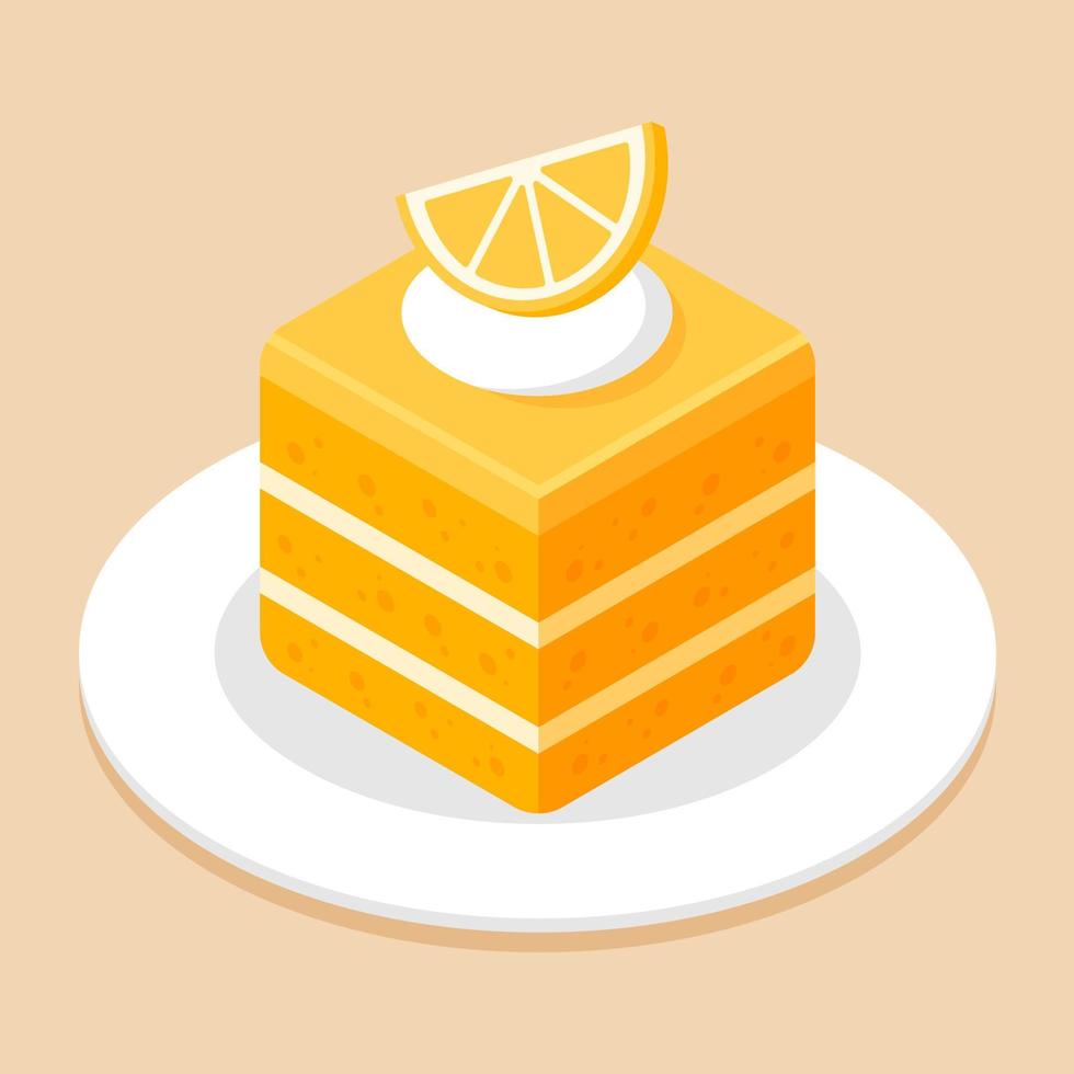 Slice of orange cake in cube shape on dish or plate. Delicious sweet dessert concept. Isometric food icon. Cute cartoon vector illustration. Graphic design element. Symbol of sweets. Cafe menu.