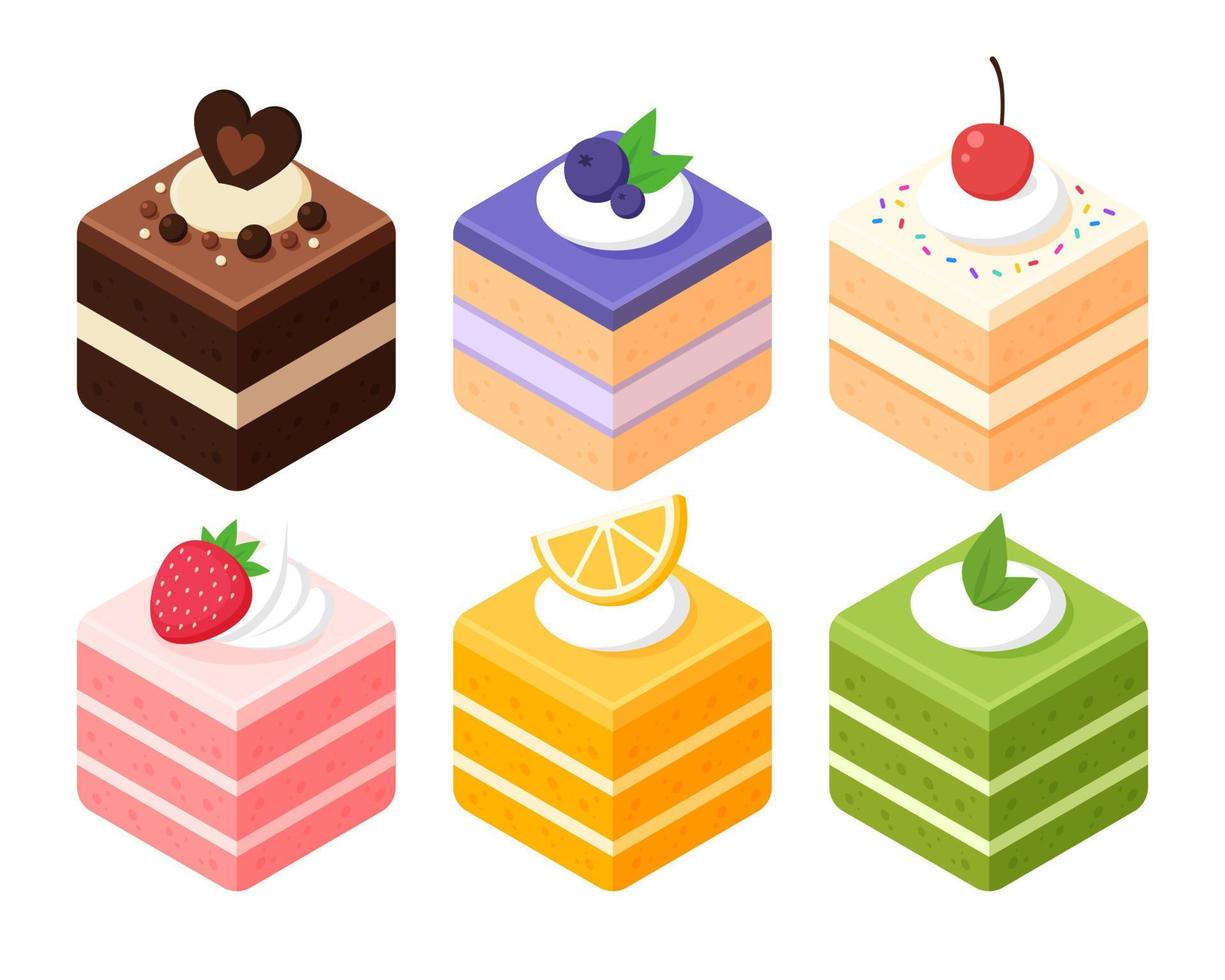 Collection of cube cake slices. Chocolate, strawberry, vanilla, matcha or green tea, orange, and blueberry cake. Isometric sweets icon. Cute cartoon vector illustration. Cafe sweet dessert menu.