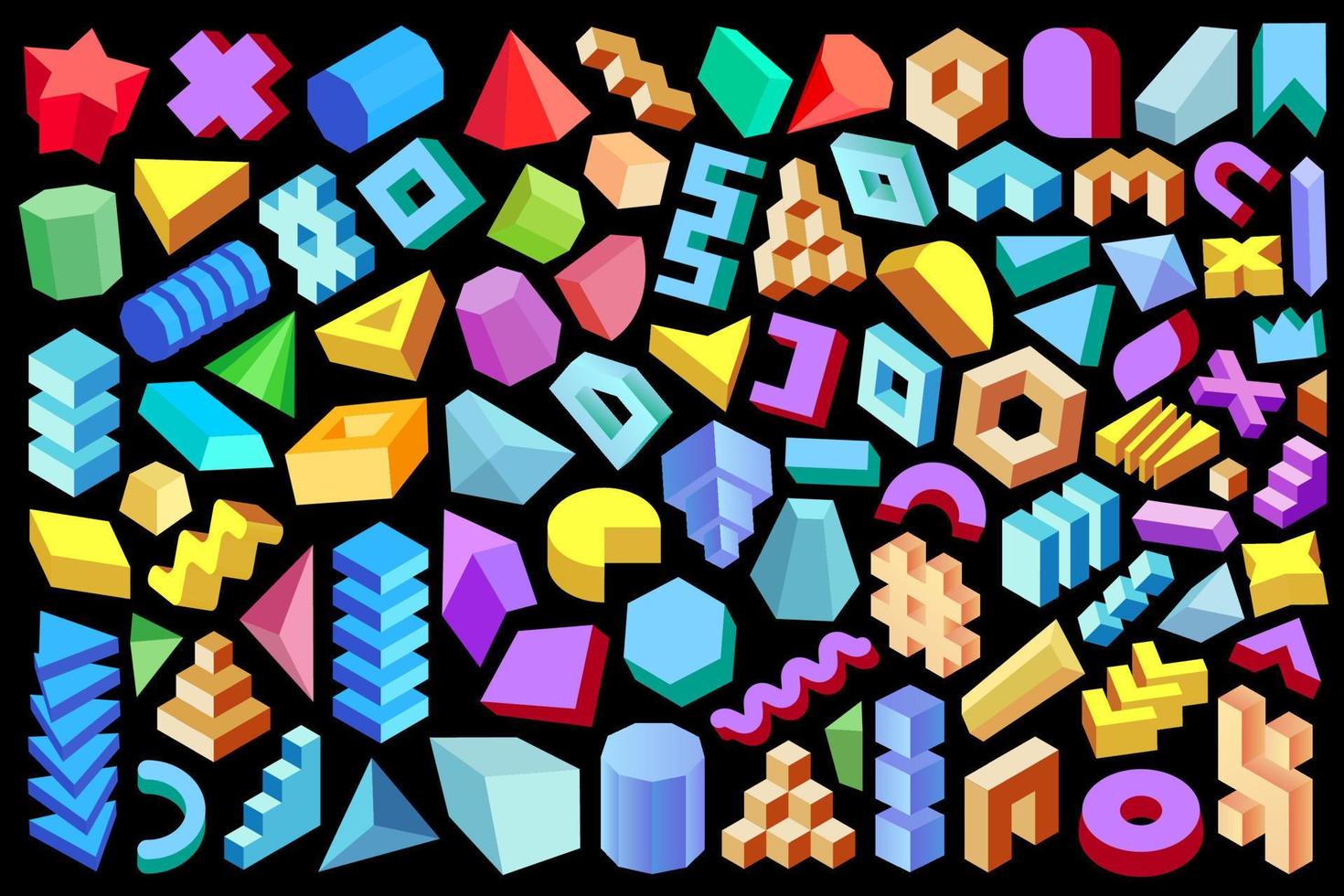 3D geometric design elements collection. Set of abstract geometric shapes, forms and figures isolated on black background. vector
