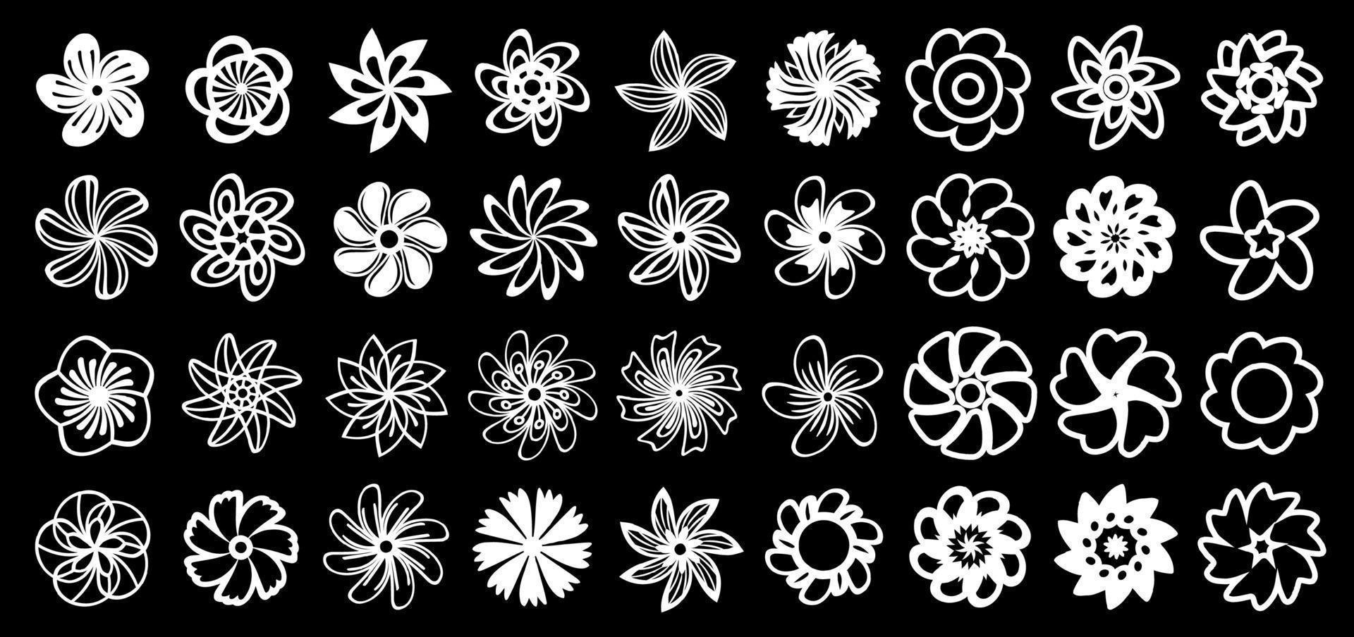 White flower icons on a black background, line art decorative design elements, floral illustrations collection. vector