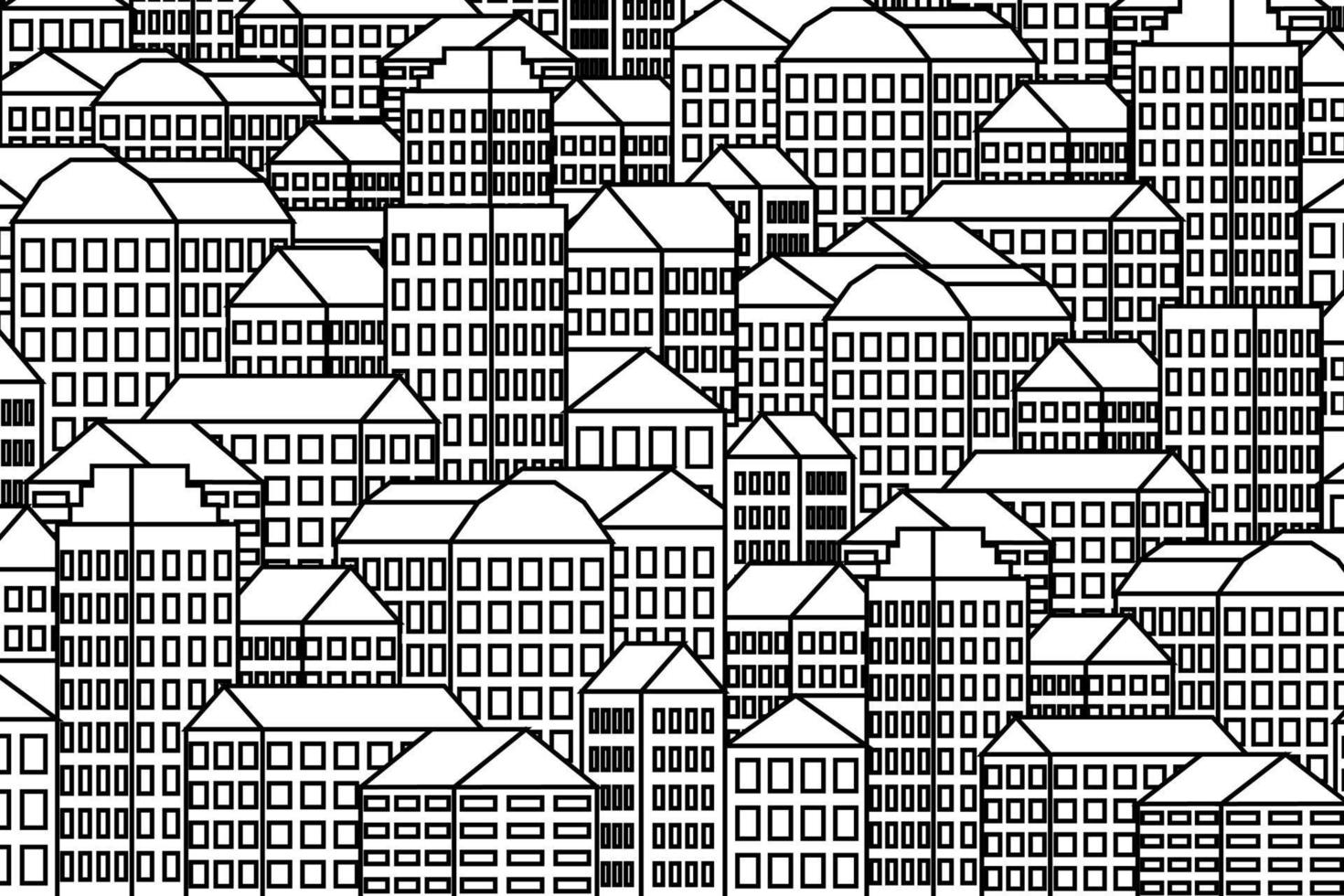 patrón de fondo de la ciudad con rascacielos de mano de casas. ilustración de dibujos animados en blanco y negro con línea delgada negra. patrón de paisaje urbano de vista urbana. vector