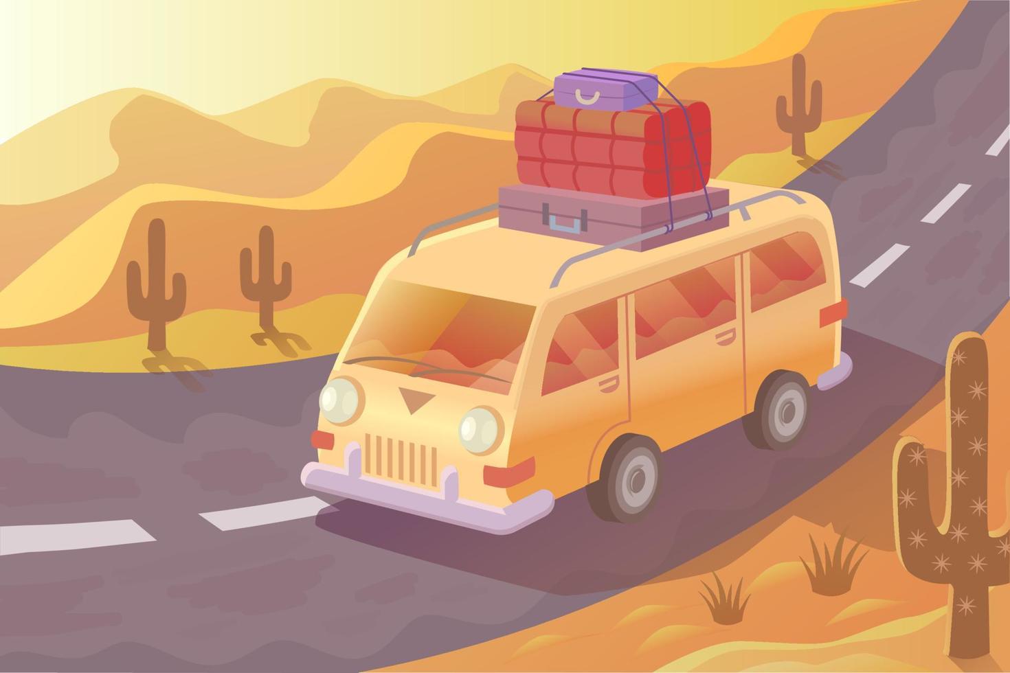Yellow vehicle with baggage on top in a desert. Summer journey colorful vector illustration.