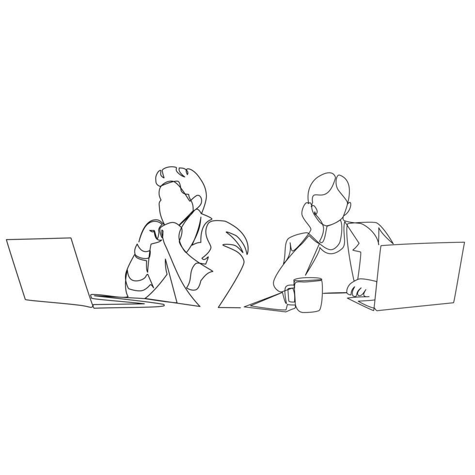 Vector illustration of people working on a laptop drawn in line-art style