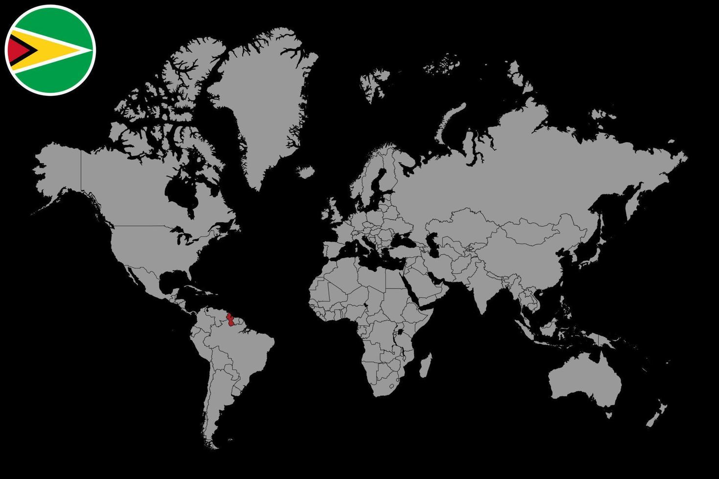 pin mapa con bandera de guyana en el mapa mundial. ilustración vectorial vector