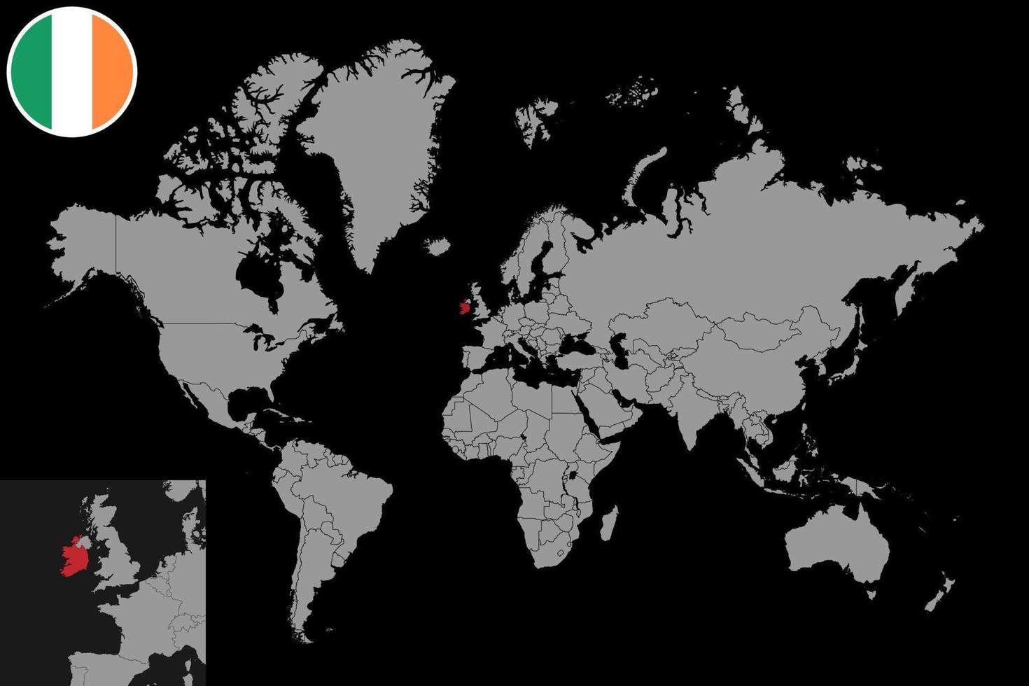 Pin map with Ireland flag on world map. Vector illustration.