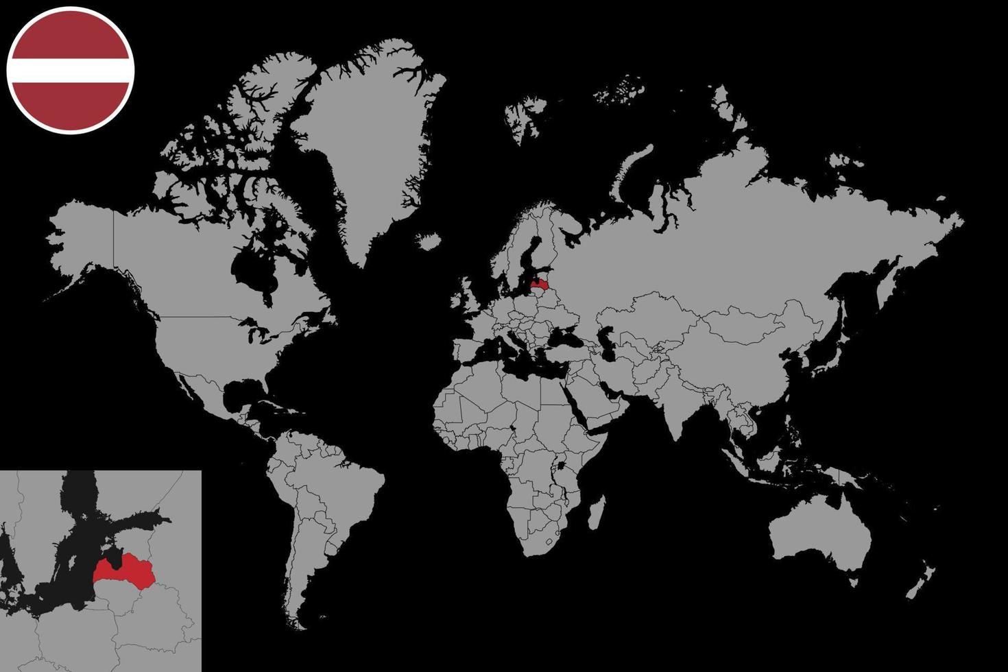 pin mapa con bandera de letonia en el mapa mundial. ilustración vectorial vector