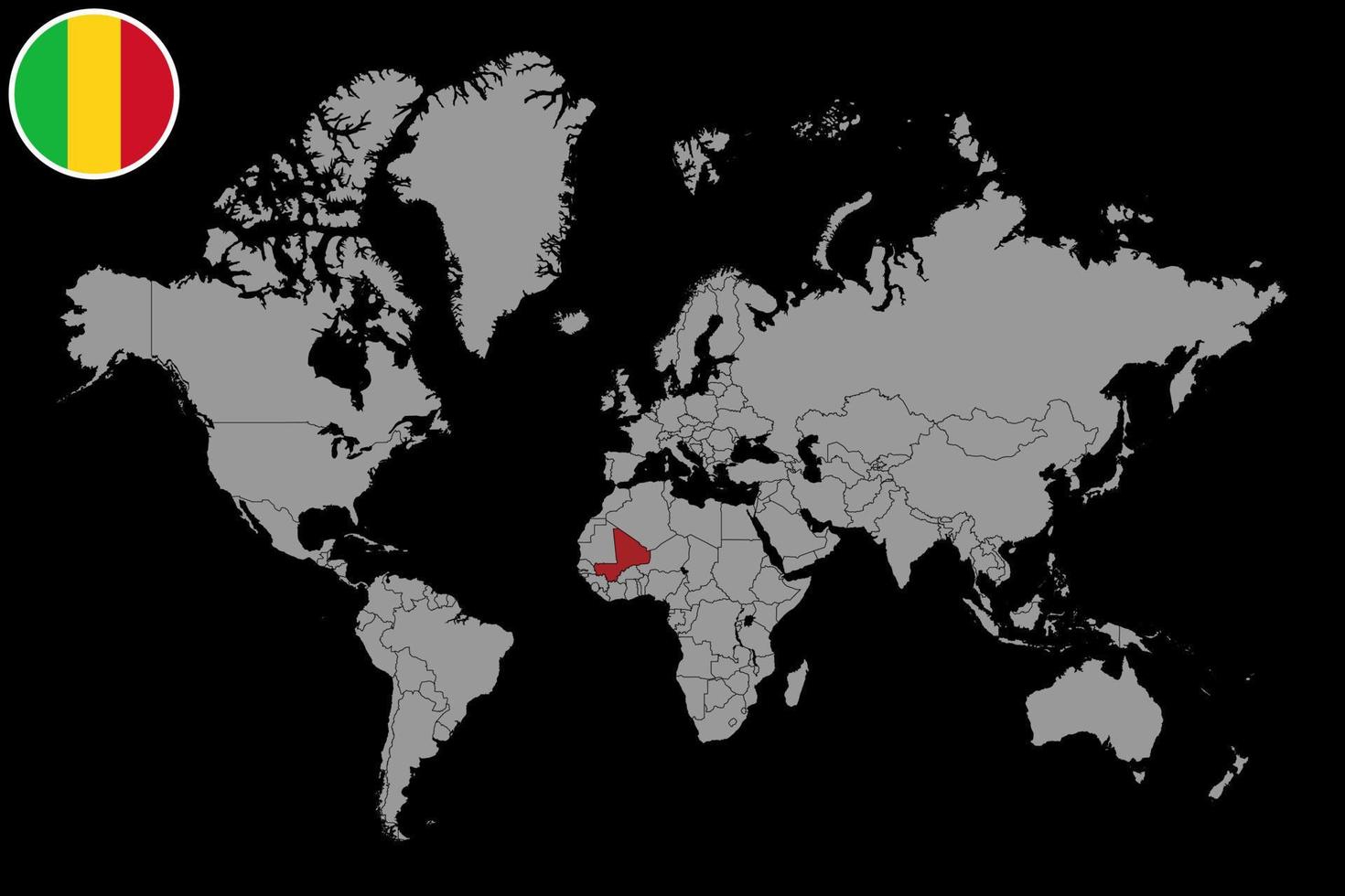 pin mapa con la bandera de Malí en el mapa mundial. ilustración vectorial vector